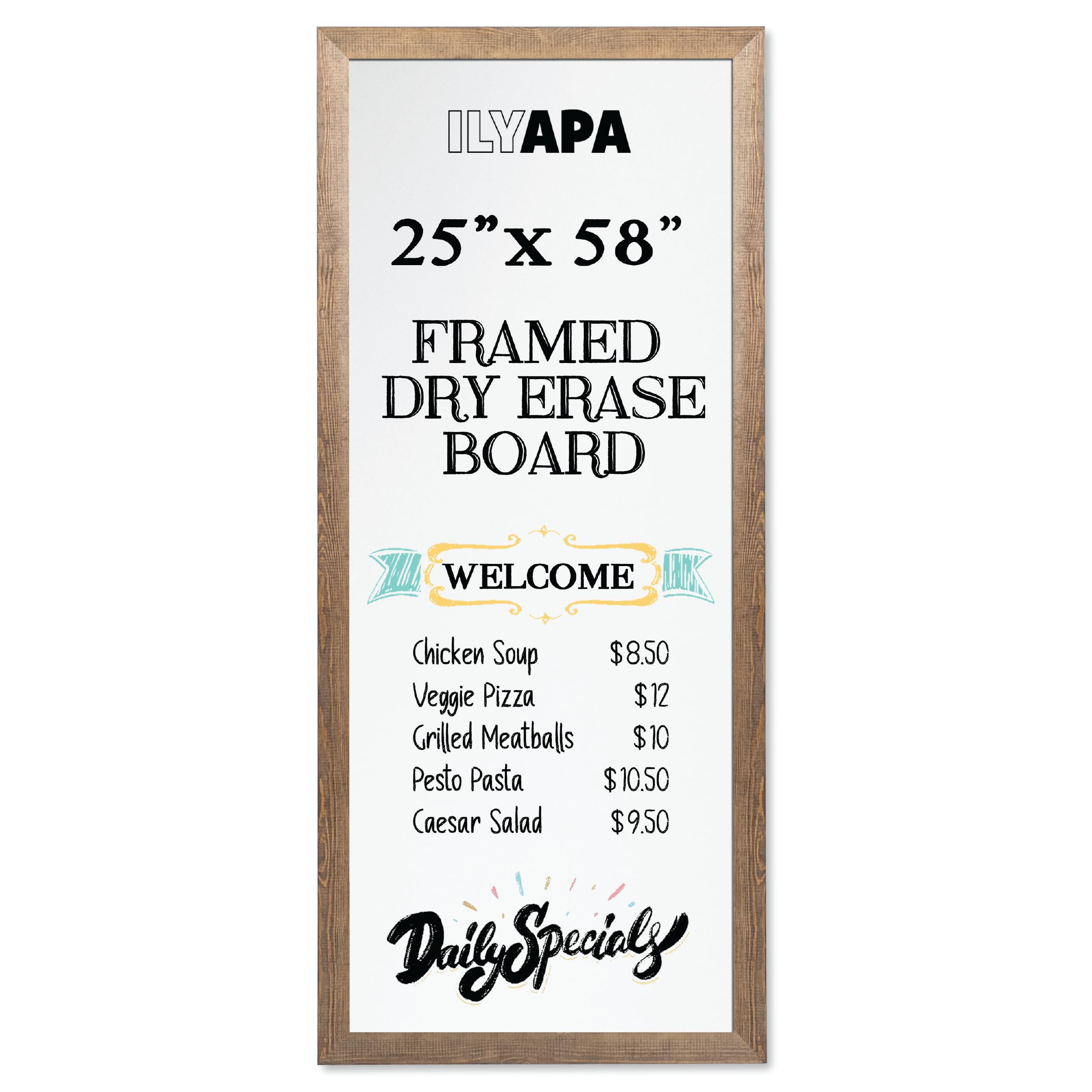 Ilyapa Extra Large Dry Erase Board for Wall - Wood Framed Magnetic White Board - 58 x 25 Inches Decorative Wall Hanging Sandwich Menu Boards for Restaurant, Food Truck or Kitchen Whiteboard - Brown
