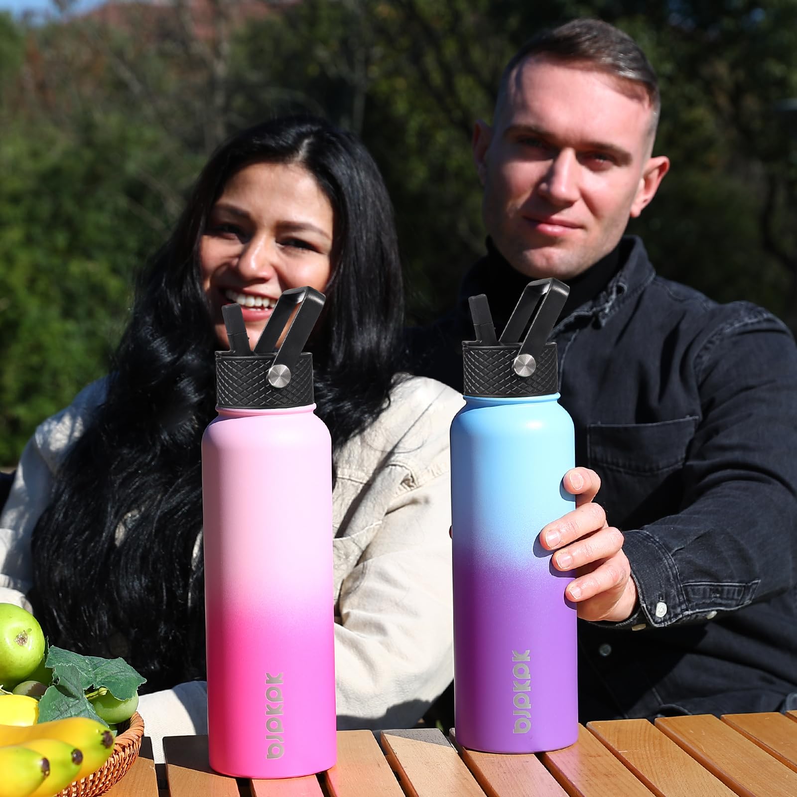 BJPKPK 2 Pack Insulated Water Bottles with Straw Lids, 40oz Stainless Steel Metal Water Bottle with 6 Lids - Image 2