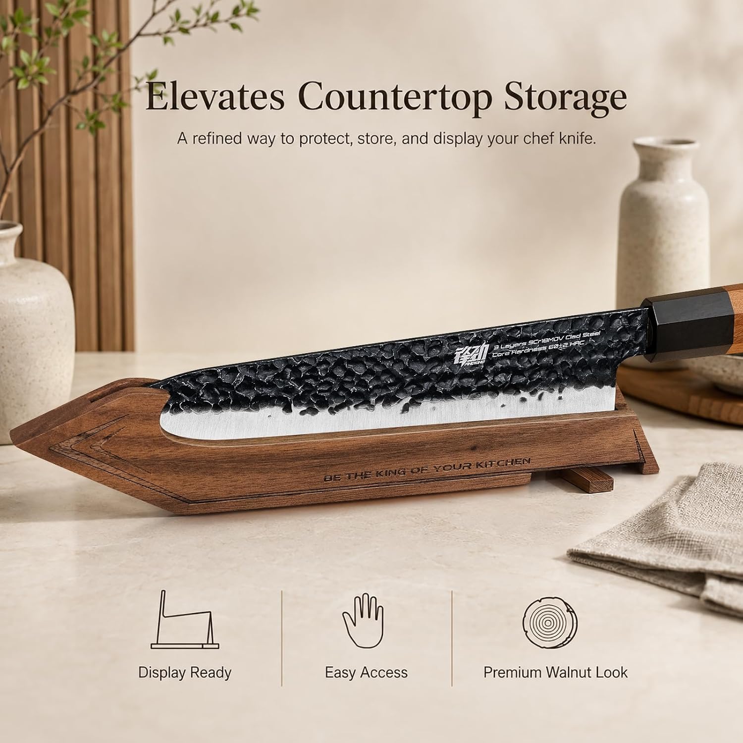 FINDKING Magnetic Edge Guard with Stand, Walnut Wood Blade Cover & Mini Knife Block for Counter Storage, Portable Protector for 8” Chef Knife