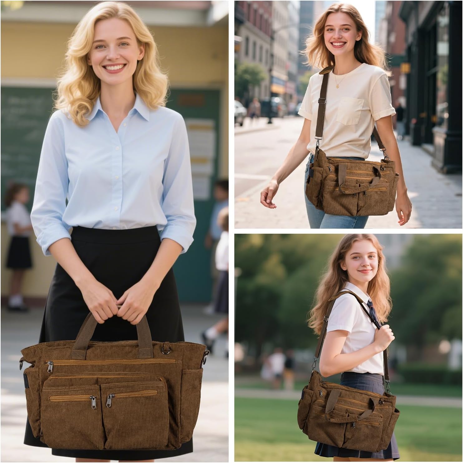 Messenger Bag for College with Laptop Compartments and Zipper Pockets Crossbody Corduroy Teacher Tote Bag for Men and Women - Image 2