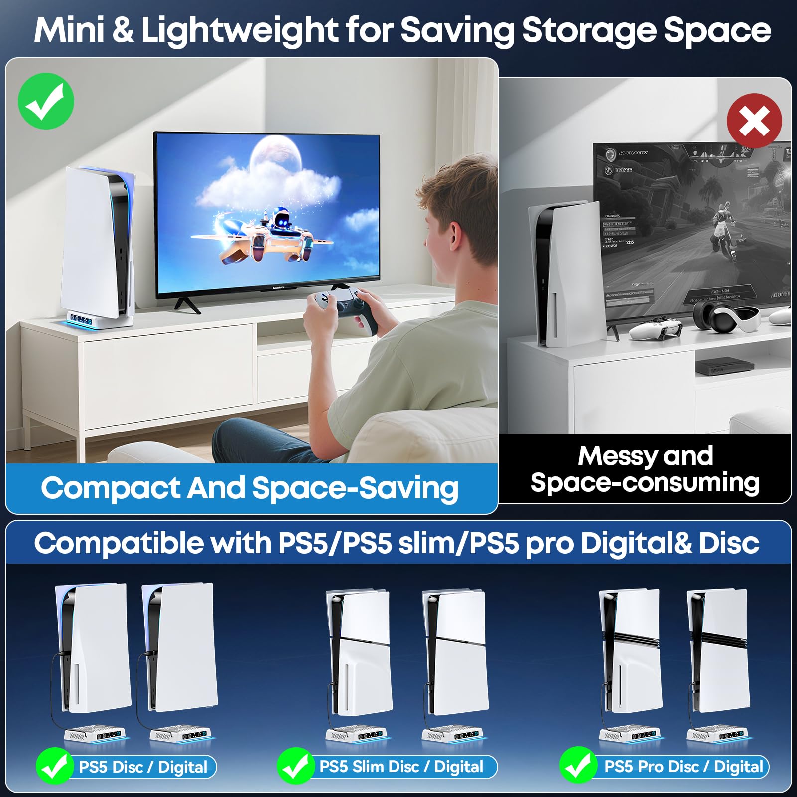 Support de Refroidissement PS5 avec Lumière Ambiente, Ventilateur à Vitesse Réglable 3 Niveaux Compatible avec PS5 Original/ PS5 Slim/ PS5 Pro (Disc & Digital), Câble USB-C/USB-A Inclus