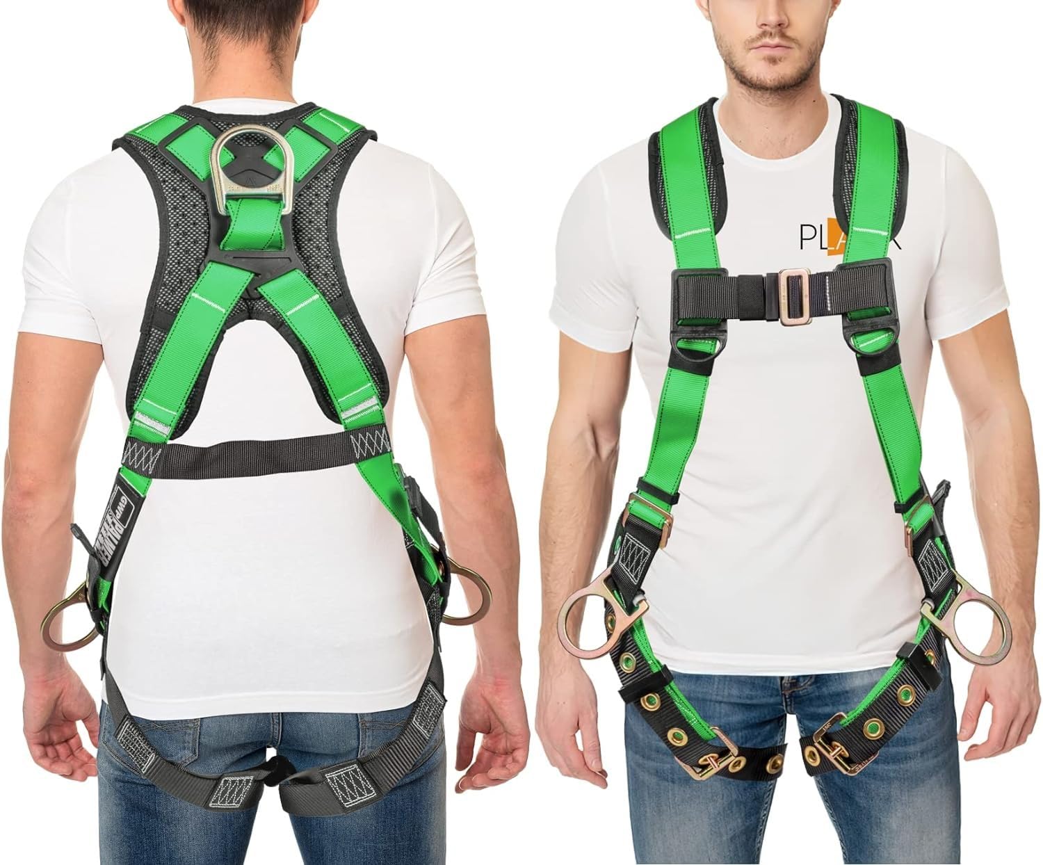 Palmer Safety Full Body Harness with 5 Point Adjustment, Back D-Ring, Two Side D-Rings, Grommet Legs, and Fall Indicators - Meets or Exceeds ANSI Z359.11-2014. A10.32-2012, Green - Universal