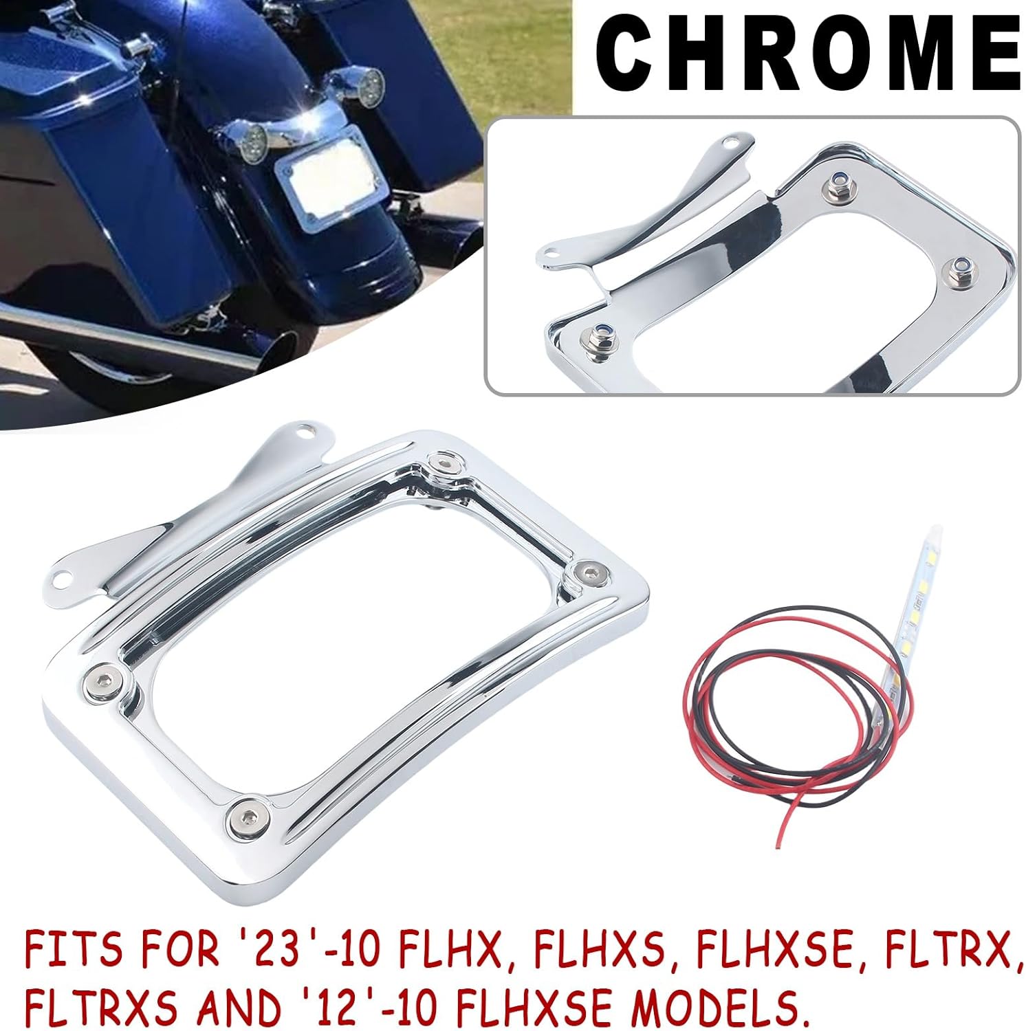 Motorcycle Chrome Rear Fender Curved License Plate Frame Bracket w/Light Compatible with Harley Road Glide Street Glide FLHX FLTRX FLTRXS FLHXS