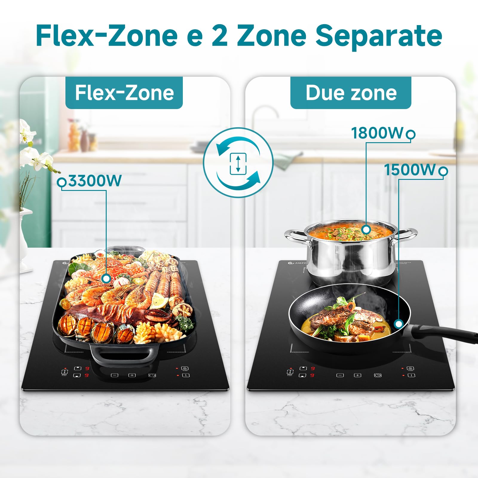 AMZCHEF Piastra a Induzione 2 Fuochi, Piano Cottura Induzione con Flex zone con 9 Livelli di Potenza, Riscaldamento Intermittente, Serrature di sicurezza e timer,Controllo Touch Slide,3300W,Nero