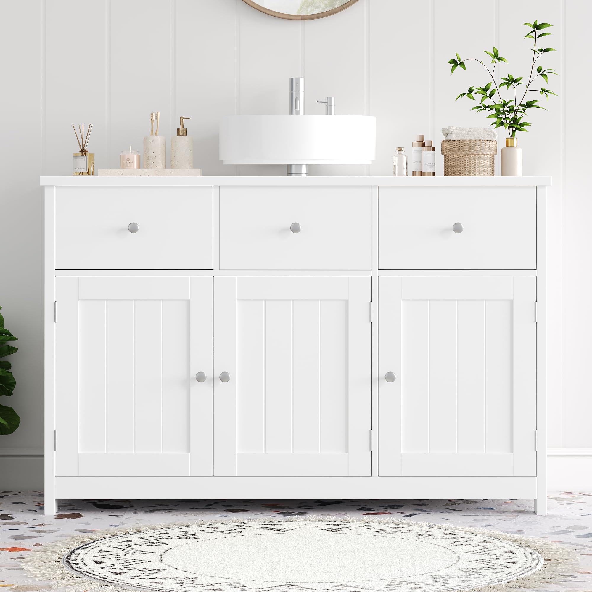 FOREHILL Szafka pod umywalkę, 100 cm szerokości, szafka łazienkowa z 3 drzwiami i 2 szufladami do łazienki, 100 x 30 x 61 cm, biała