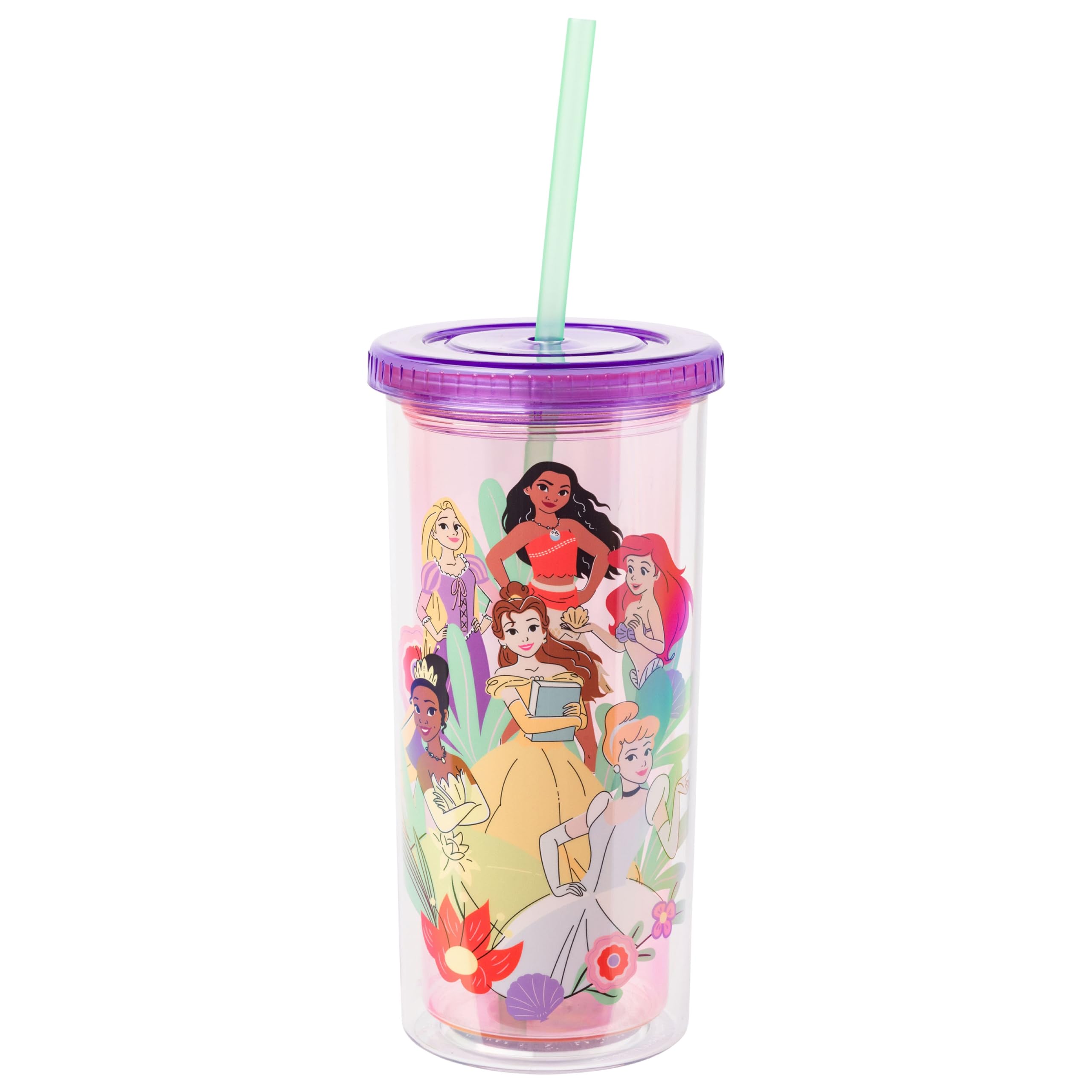 Tasse froide en plastique Disney Princess avec couvercle paille réutilisable