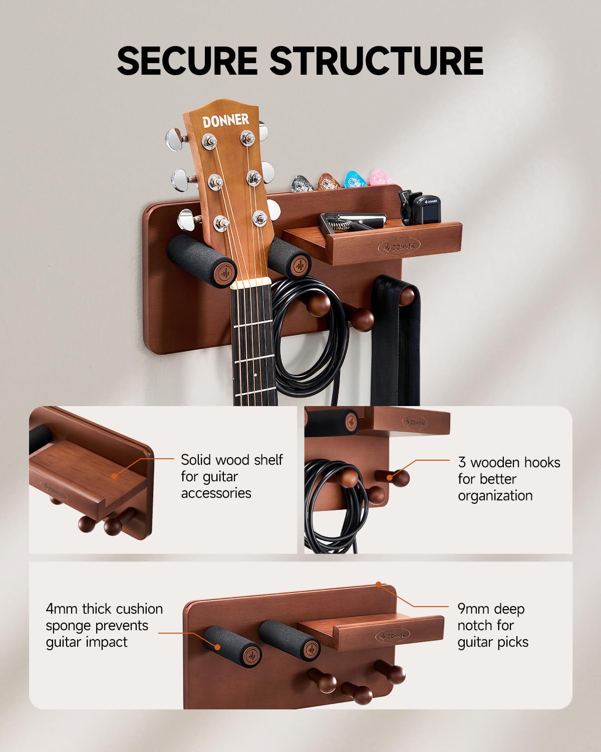 Donner Porta Chitarra da Muro con Porta-plettro e 3 Ganci, Appendi Chitarra da Muro per Elettrica, Acustica, Basso, Ukulele