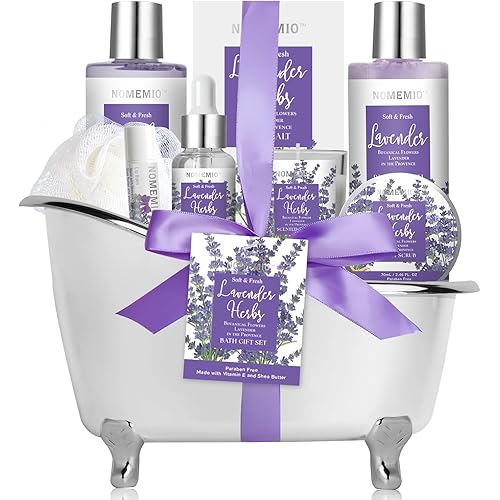 Spa Gift Basket for Women, 8pcs Lavender Spa Kit Set with Body Wash, Bubble Bath, Scrub, Bath & Beauty Skin Care Gift Sets, Christmas Gifts Set for Women, Her, Mom