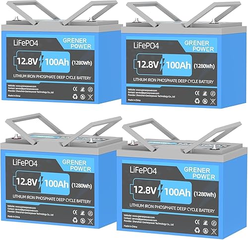 Paquete de 4 baterías GRENERPOWER LiFePO4 de 12 V 100 Ah, BMS de 100 A, batería de fosfato de hierro y litio máx. 2560 Wh con hasta 15000 ciclos, 10