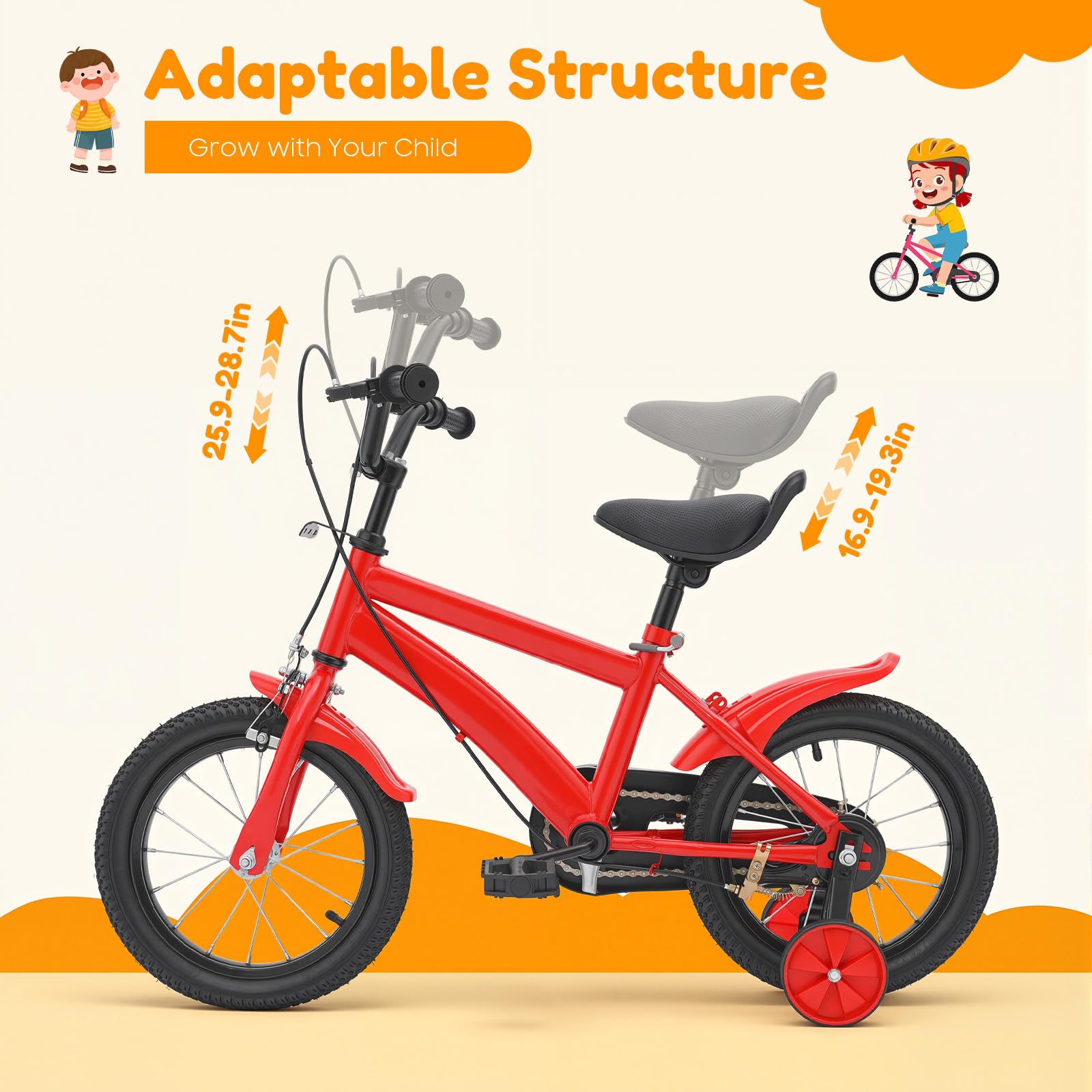 Vélo pour enfant de 14 pouces, avec roues stabilisatrices et double système de freinage, selle réglable, convient aux enfants à partir de 3 ans qui apprennent le cyclisme, le cyclisme en plein