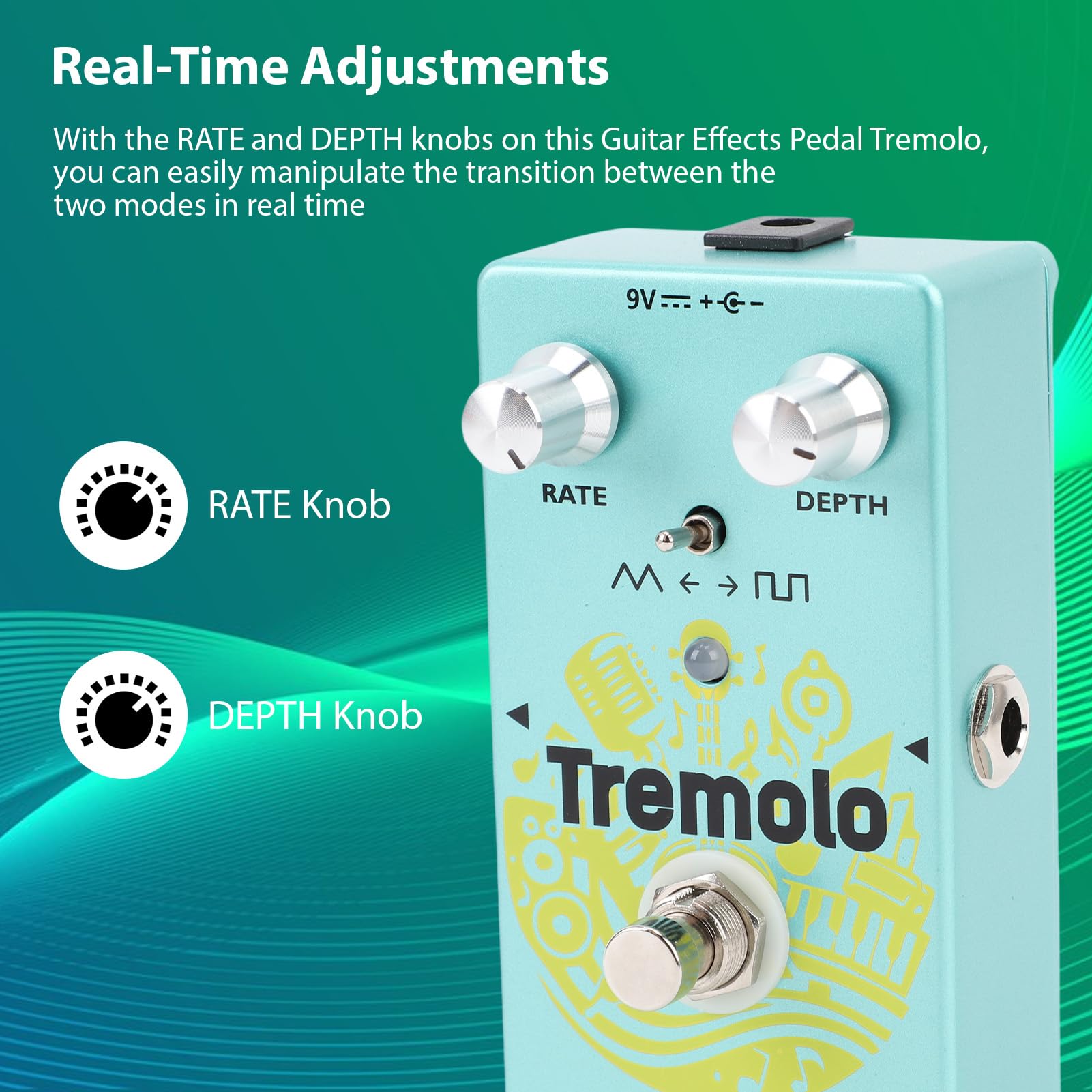 Pedał Tremolo do Gitary, Design w Stylu Vintage z True Bypass i Przełącznikiem Kształtu Fali LFO, Tryb Trójkąta/kwadratu, Pokrętła RATE i DEPTH, Funkcje Nagrywania w Pętli