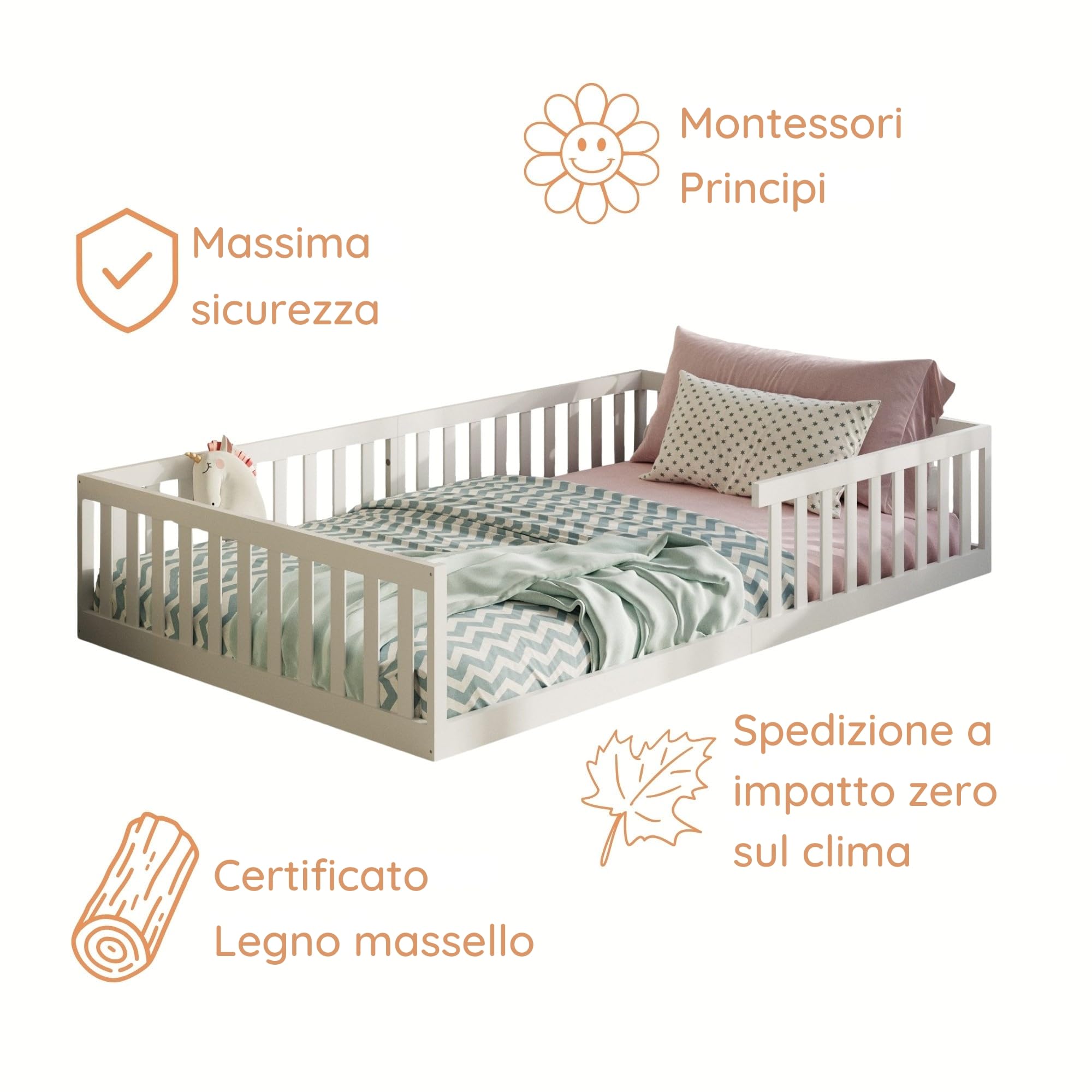 Kids Collective Letto per bambini Letto da terra 120x200 cm con protezione anticaduta e rete a doghe Letto Montessori Letto per bambini Bianco Altre misure 90x200 cm 140x200 cm