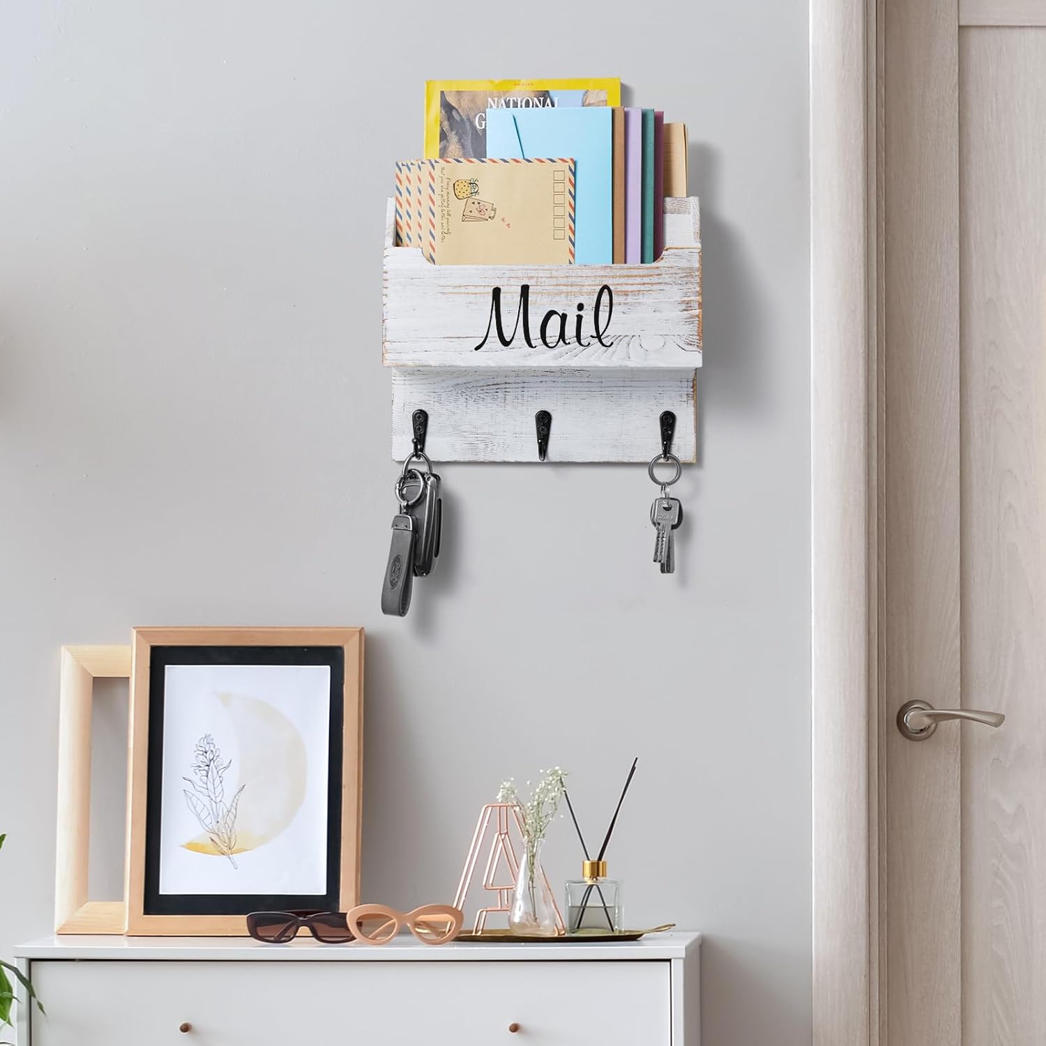 DRASTAR Mail Organizer Wall Mounted, Wooden Mail & Key Holder for Wall, Hanging Mail Organizer, Retro White Mail Basket for Home Office