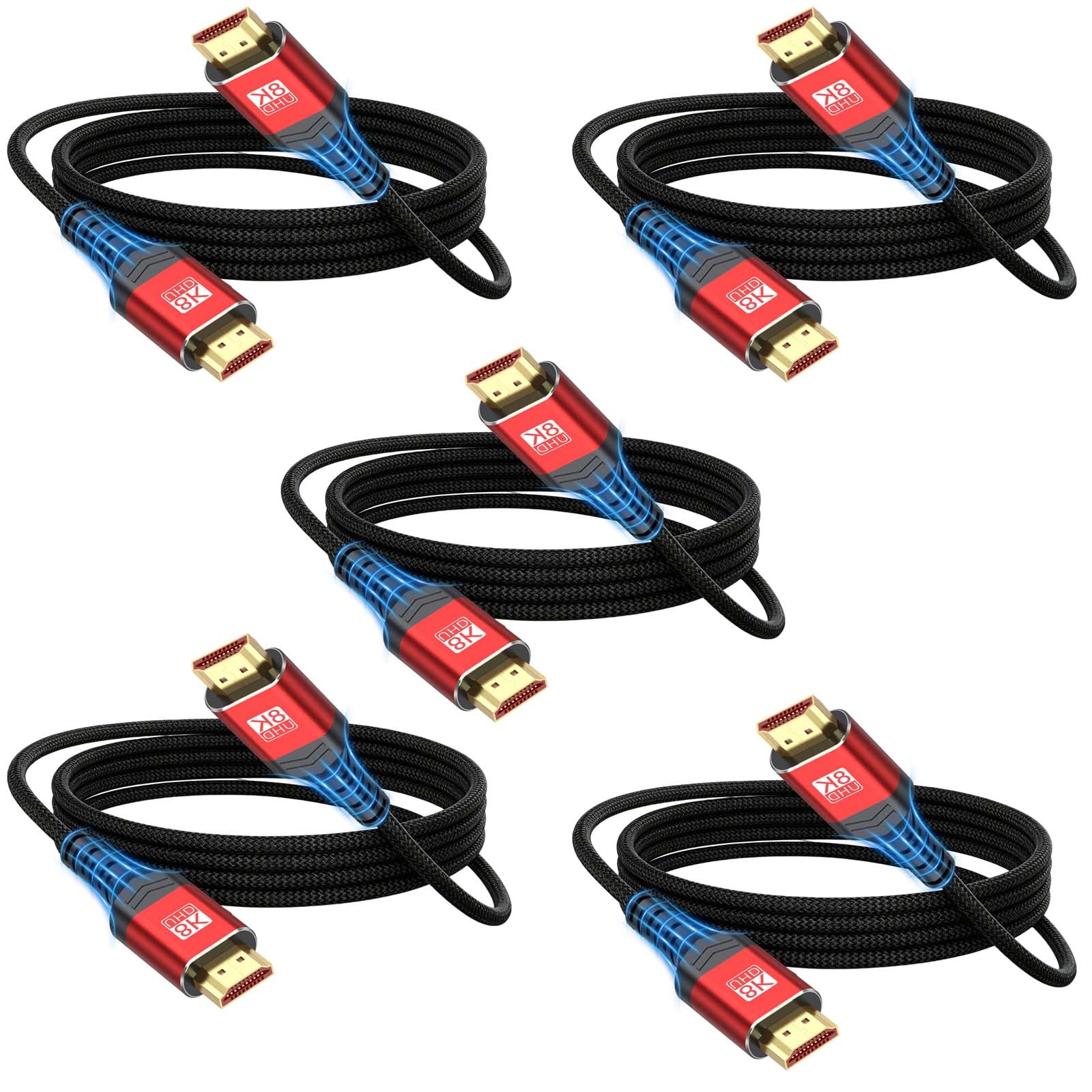 Cable HDMI 2.1 de 8 pies, paquete de 5, cable HDMI blindado de alta