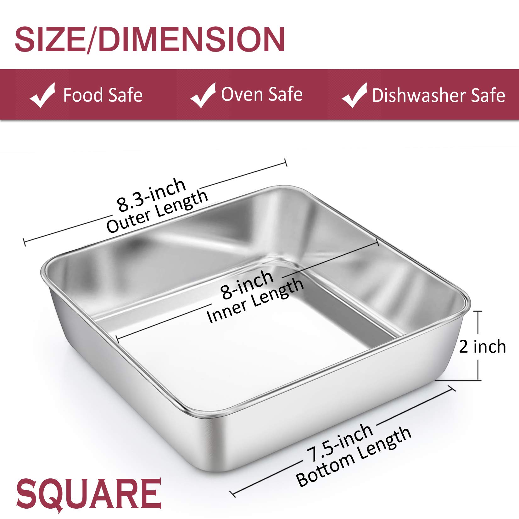 P&P CHEF 8 Inch Square Baking Pan Set of 4, Square Cake Pans, Stainless Steel Deep Bakeware for Lasagna Bread Brownie, 8"x8"x2", Leakproof & Heavy Duty, Easy Release & Dishwasher Safe - Image 2
