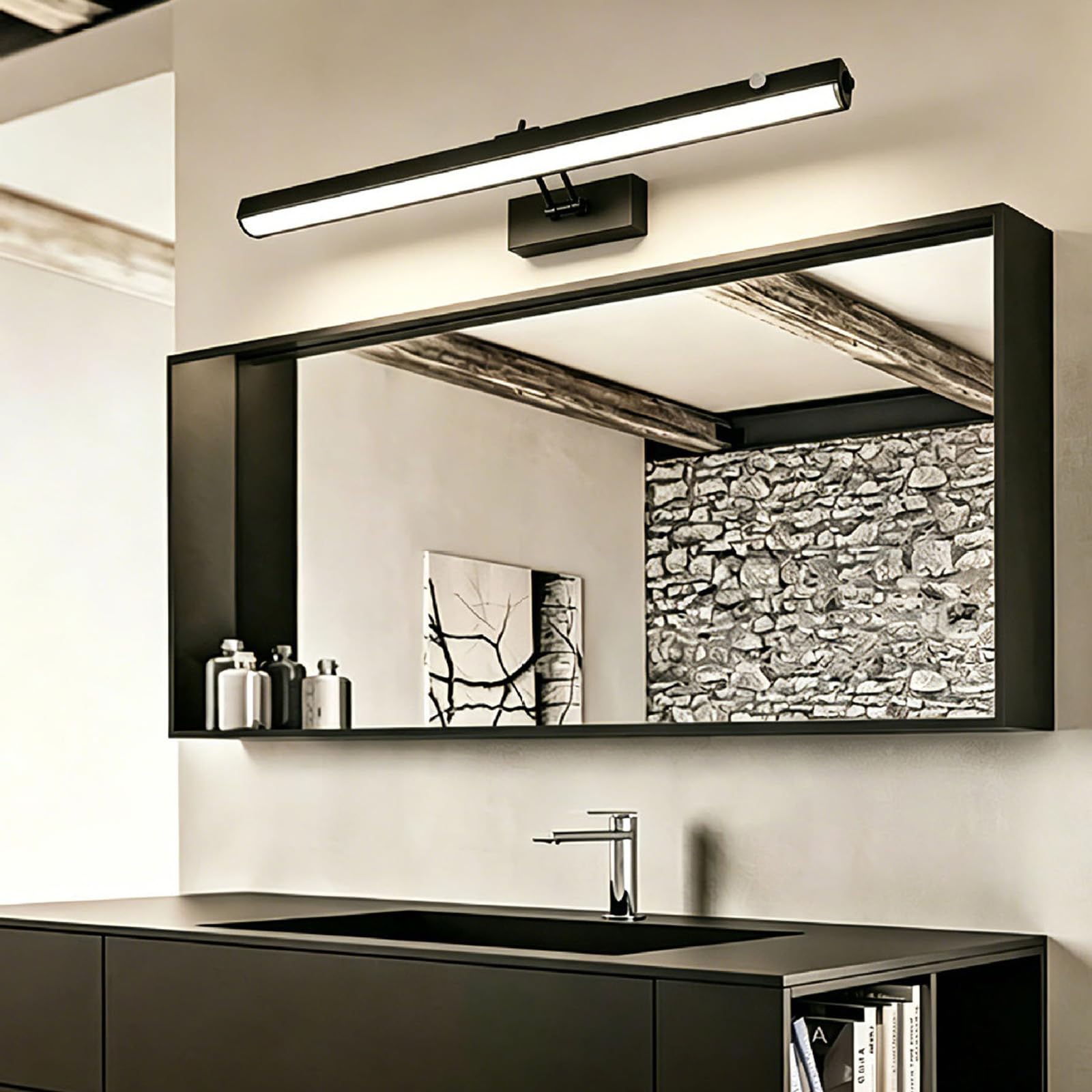 Espejo Baño LED Apliques de Pared con Interruptor Lámpara de Pared con Sensor de Movimiento Iluminación de Pared USB Recargable para Maquillaje Baño Dormitorios (Negro-Luz Cálida,42cm)