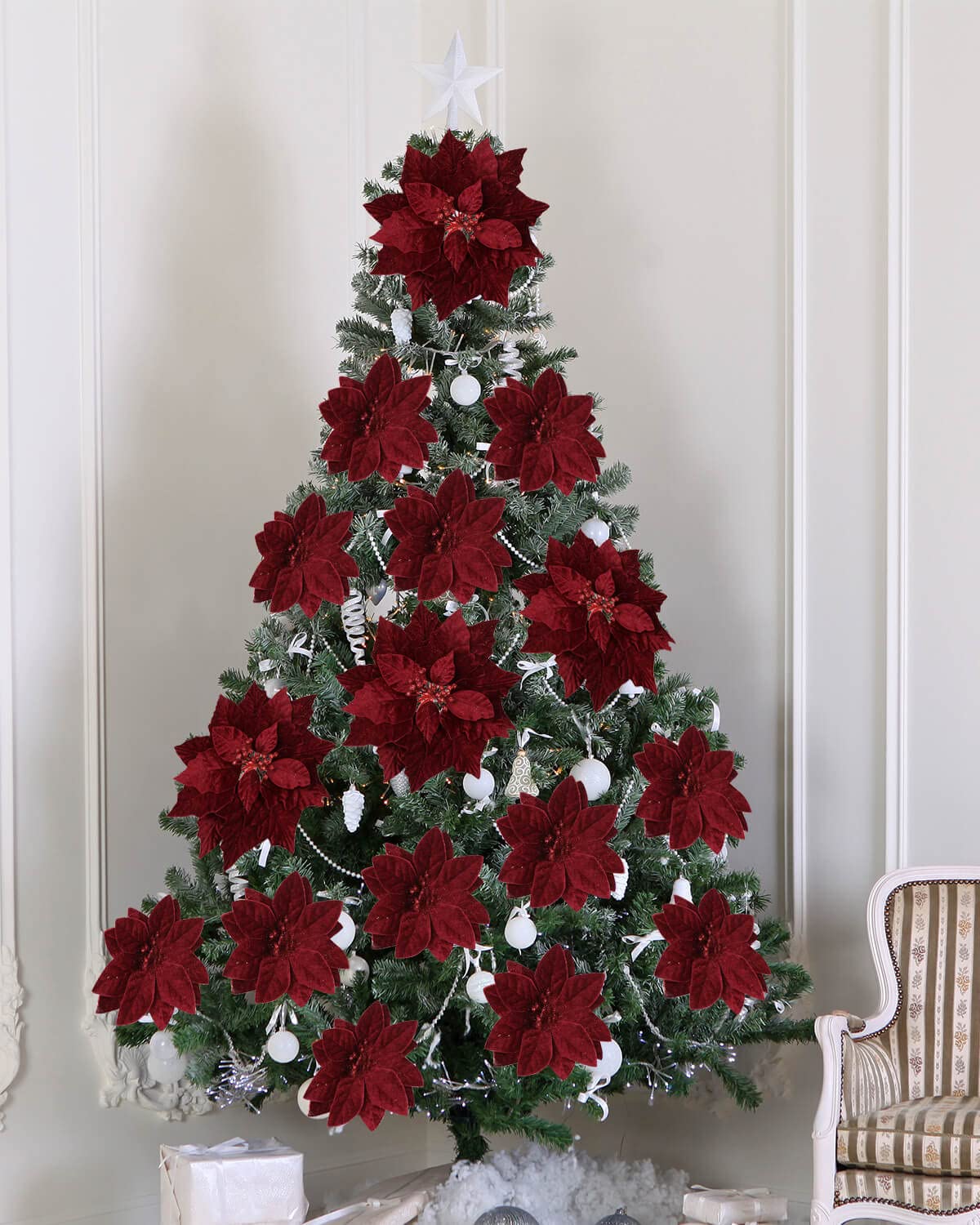 vensovo 12,7 cm rote Weihnachtsstern-Blumen für den Baum – 24 Stück tiefrote Weihnachtsblumen mit Stiel für Baumrock, Weihnachtsdekoration, ideal für den Weihnachtsbaum