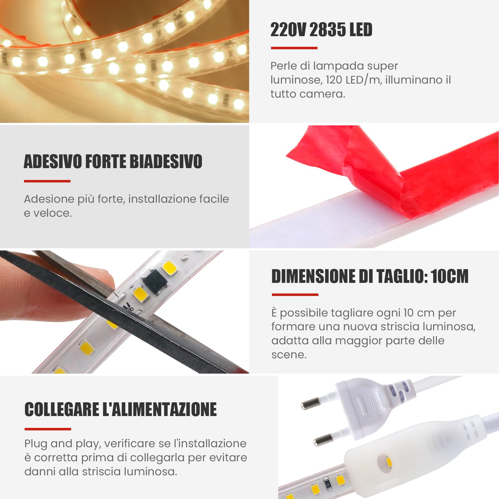 Striscia LED 220V SMD 2835, 120 LEDs/m, IP65 Impermeabile, Striscia LED Flessibile per Lucernario Soggiorno Decorazione Cucina (Bianco Naturale (4000-4500K), 20M)