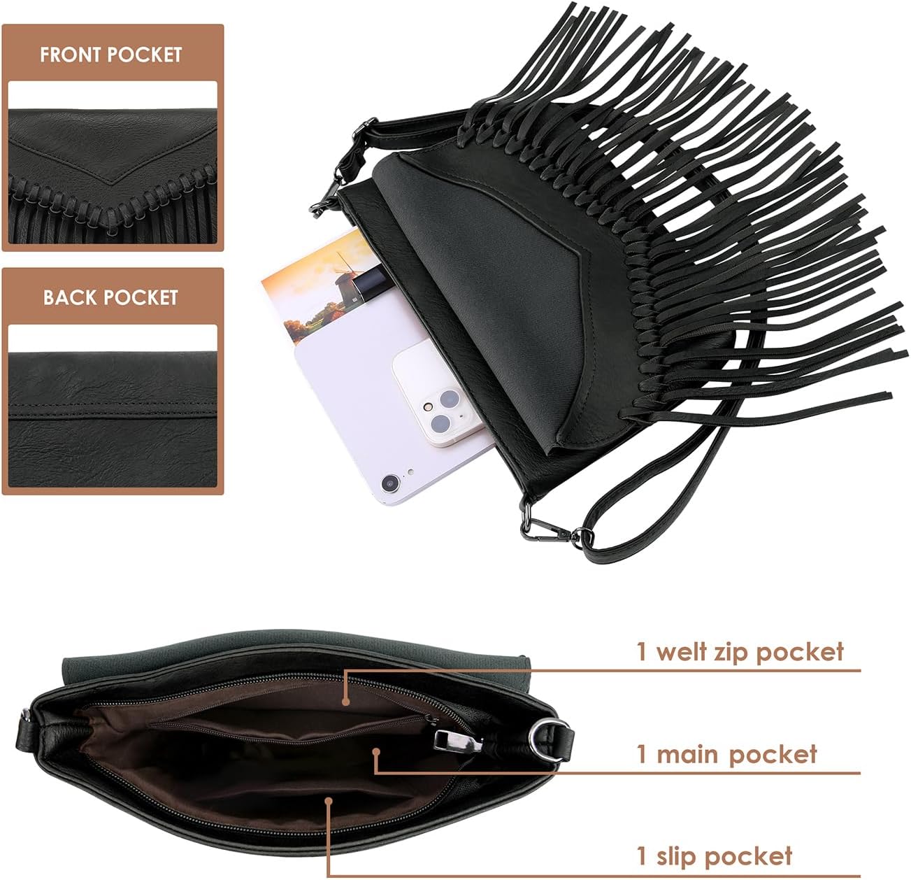 HDE Women's PU Leather Hobo Fringe Crossbody Tassel Purse Vintage Small Handbag - Image 4