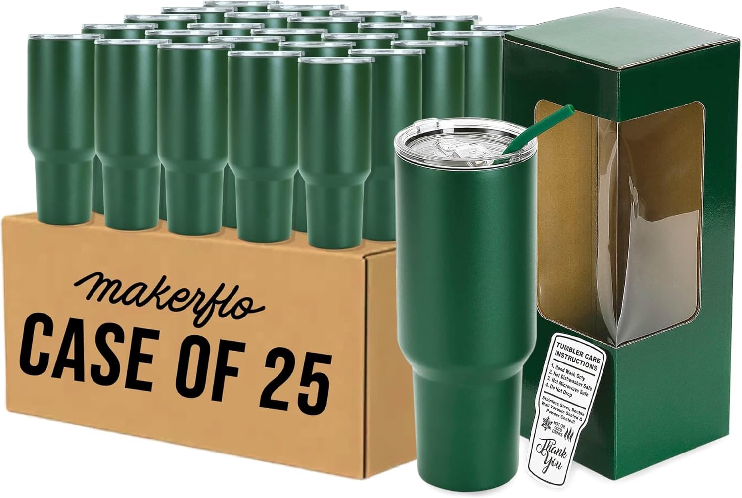 makerflo 40 oz Green Powder Coated Tumbler Pack of 25 with MakerTwist™ System, Twist-On Handle Option (Handle Sold Separately) Customizable Blank Tumbler, Ideal for Laser Engraving, UV DTF, Epoxy