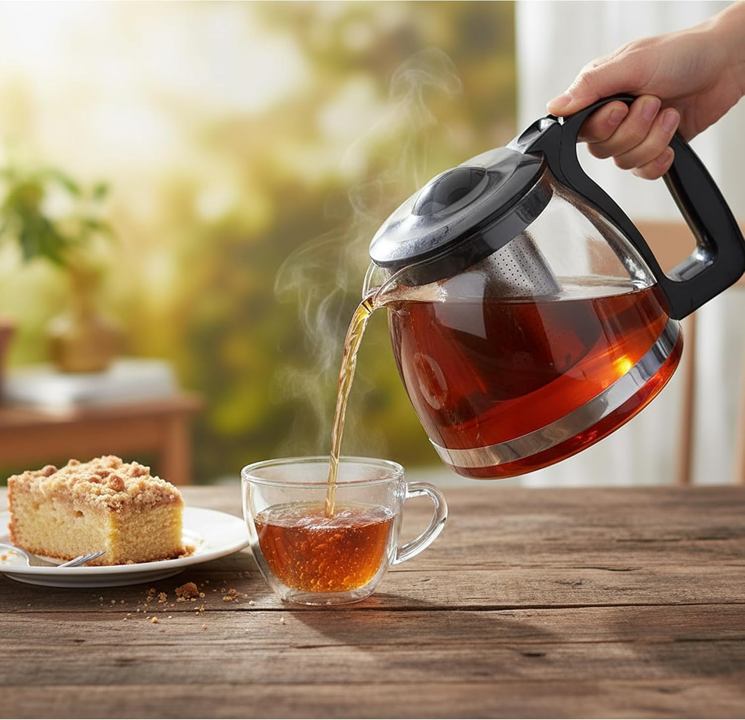 VIVIANA Teekanne Glas – Mit Edelstahl-Teesieb, Sodaglas, Schwarzer Griff, Spülmaschinenfest, für losen Tee, Tropffreier Ausguss (1250ml)