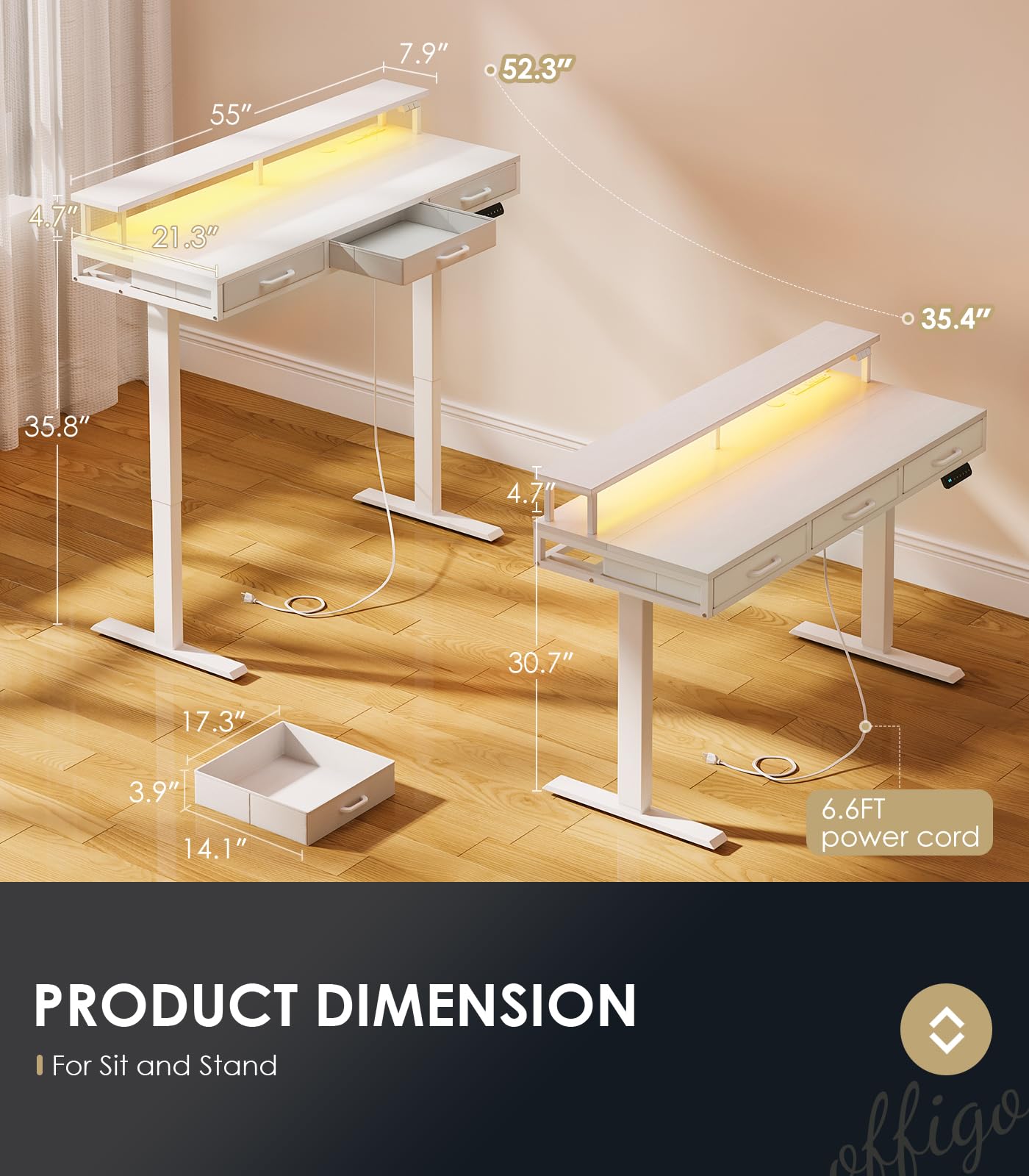 OffiGo Electric Standing Desk with Drawers 55 Inch Height Adjustable Desk with Power Outlets LED Lights Sit Stand — view 9