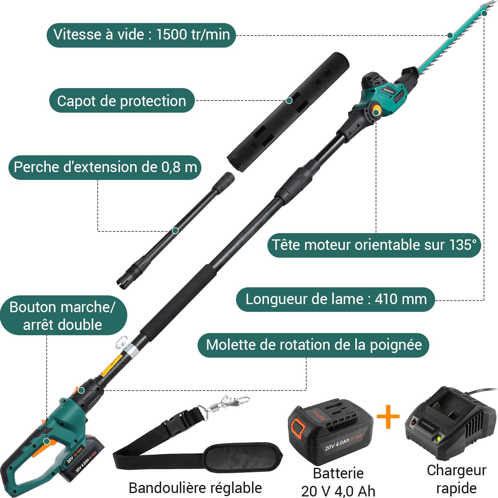 Taille-haie Télescopique sans Fil, Taille-Haies sur Perche Batterie Li-ION 20 V 4 Ah/Chargeur, Longueur de Lame 45 cm, Capacité: 15mm, Poignée Principale Orientable, Tête Inclinable, 4 m de Portée