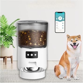 Pet Feeder, Automatic Food Dispenser for Cats, Automatic Pet Food Dispenser, Remote Phone Control, Recordable, 4L Capacity, Prevents Food Clogs, 2-Way Power Supply, Stainless Steel Bowl, Easy to