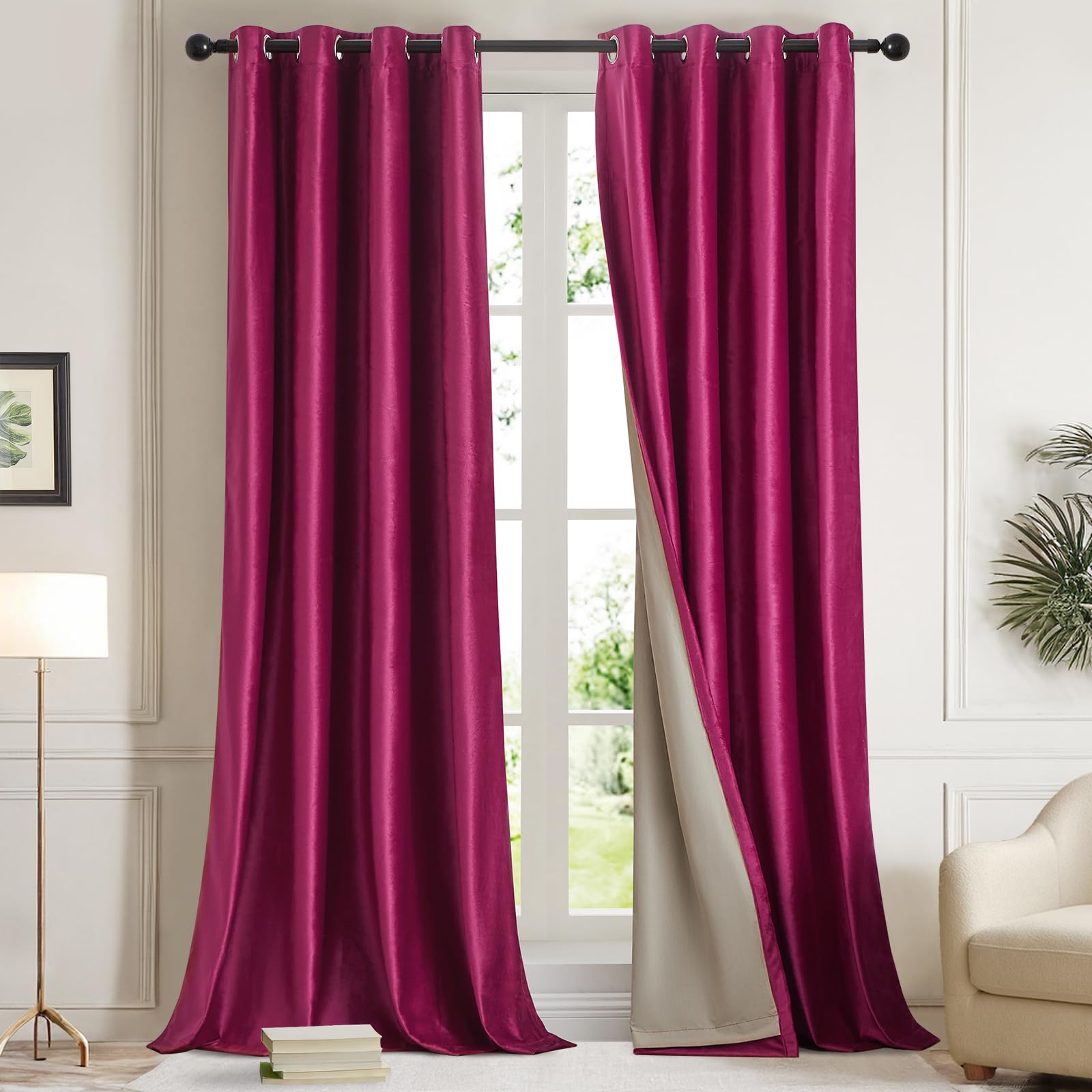 GIGIZAZA 100% Blackout Hot Pink Velvet Curtains 108 Inch Long 2 Panels for Living Room, Thermal Window Drapes Lining Insulated Luxury Curtain for Darkening Bedroom