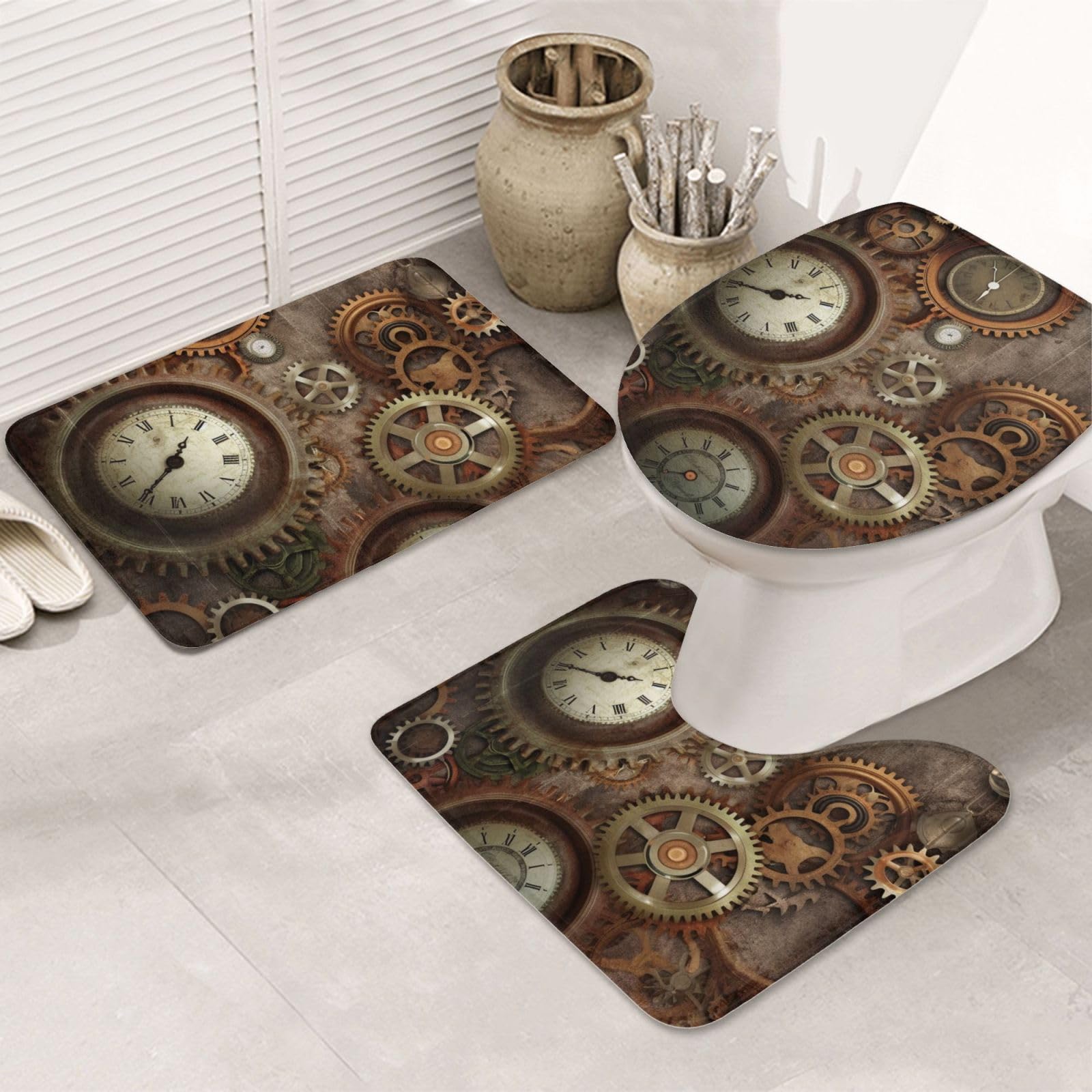 Housse de siège de toilette et tapis de bain en flanelle Clocks and Gears haut de gamme