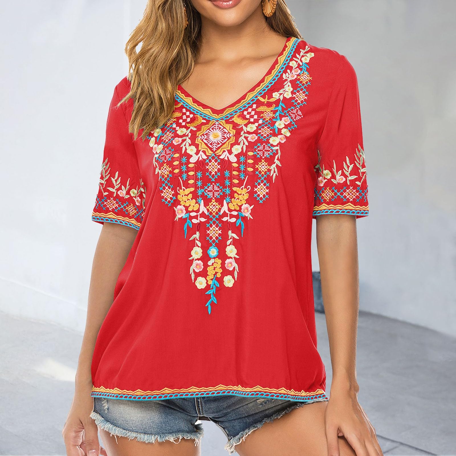 Hauts brodés pour femme - Été - Manches courtes - Style bohème - Décontracté - Style hippie