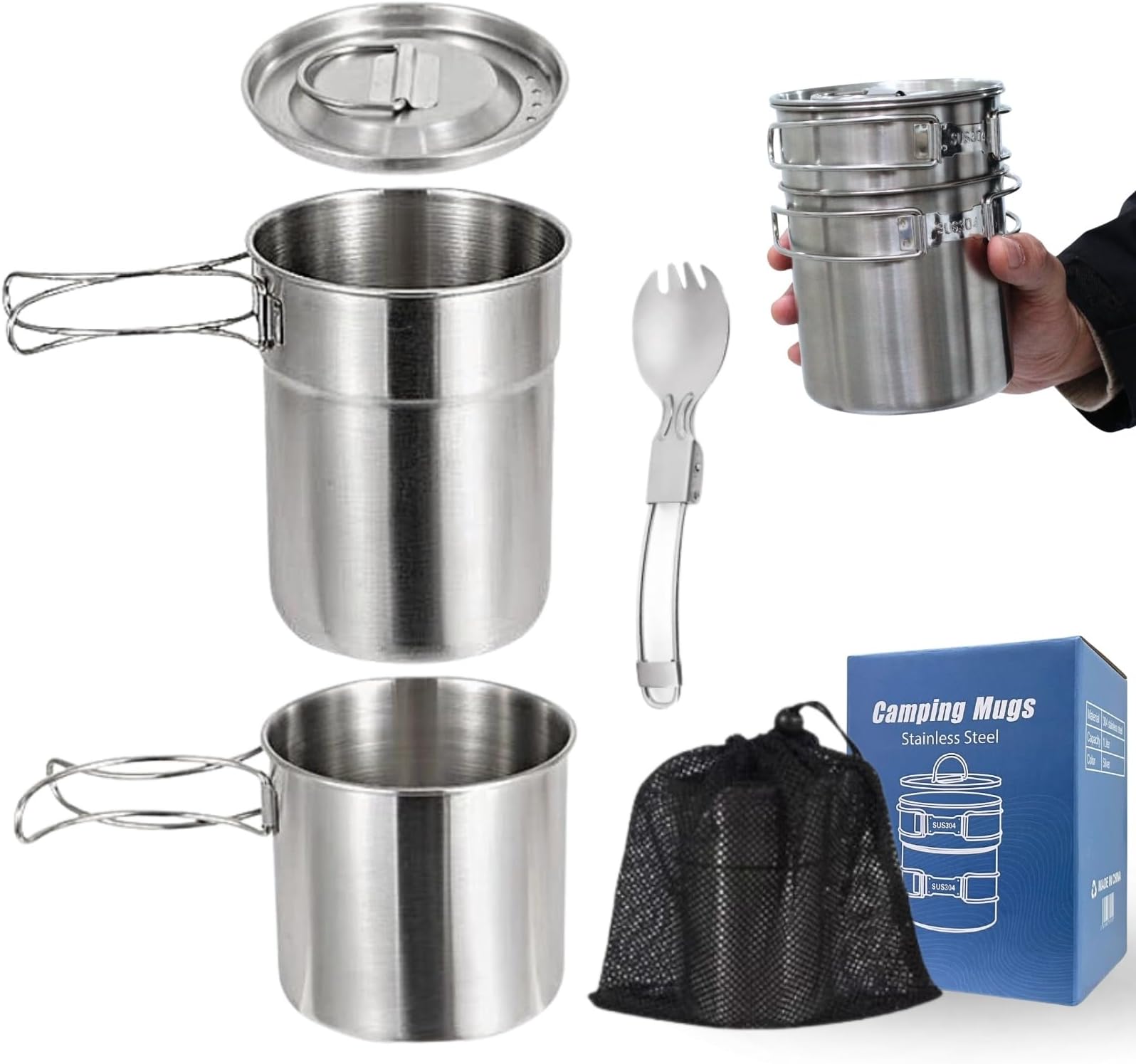 Camping Cups Mugs Stainless Steel Camping Pot Food Grade Metal Camping Cookware with Folding Spoon, Vented Lids