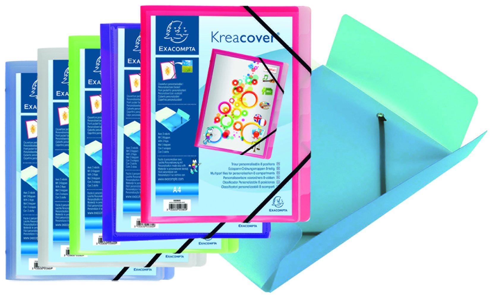 Exacompta 55380E 10er Pack Premium Ordnungsmappe Kreacover. Aus stabilem Kunststoff DIN A4 8 Fächer mit 2 Gummizügen und 3 Klappen Register-Mappe Eckanner-Mappe 1 Stück Zufallsfarbe