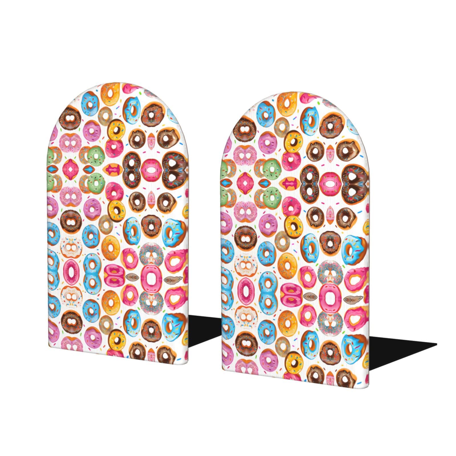 Donut Stylish Bookends with Full-Print Design Durable Wooden and Metal Bookend Set for Home, Office