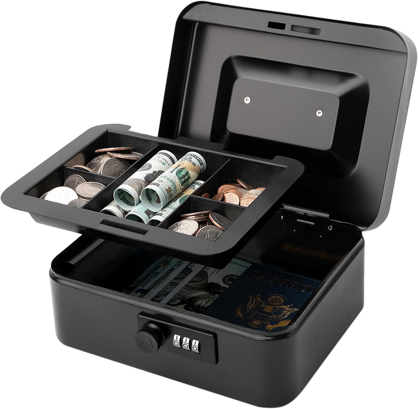 Jssmst Cash Box with Money Tray and Combination Lock - Secure Medication Lock Box for Home and Office Use, 7.87'' x 6.3'' x 3.54'' - Durable and Reliable Security Solution