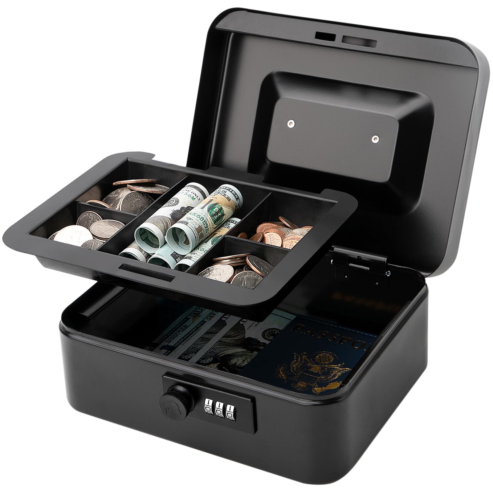 Jssmst Medium Cash Box with Combination Lock- Durable Metal Cash Box with Money Tray Black,7.87 x 6.3 x 3.35 inches, CB0701M