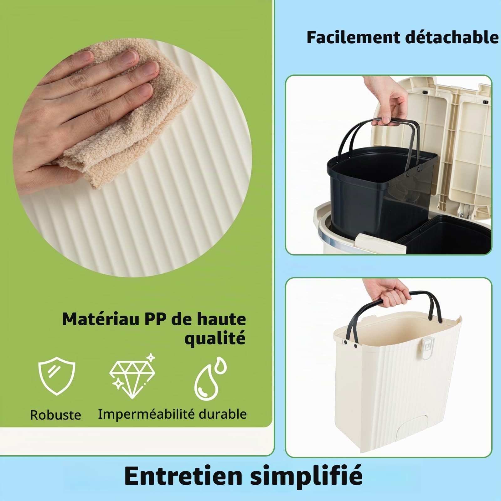 LIFEZEAL Poubelle de Cuisine avec Couvercle, Poubelle de Tri avec 2 Seaux Amovibles et Tiroir, Bac à Tri avec Pédale et Roulettes pour Salon, Cuisine (Beige, 38L|2 couvercle, 2 niveaux)