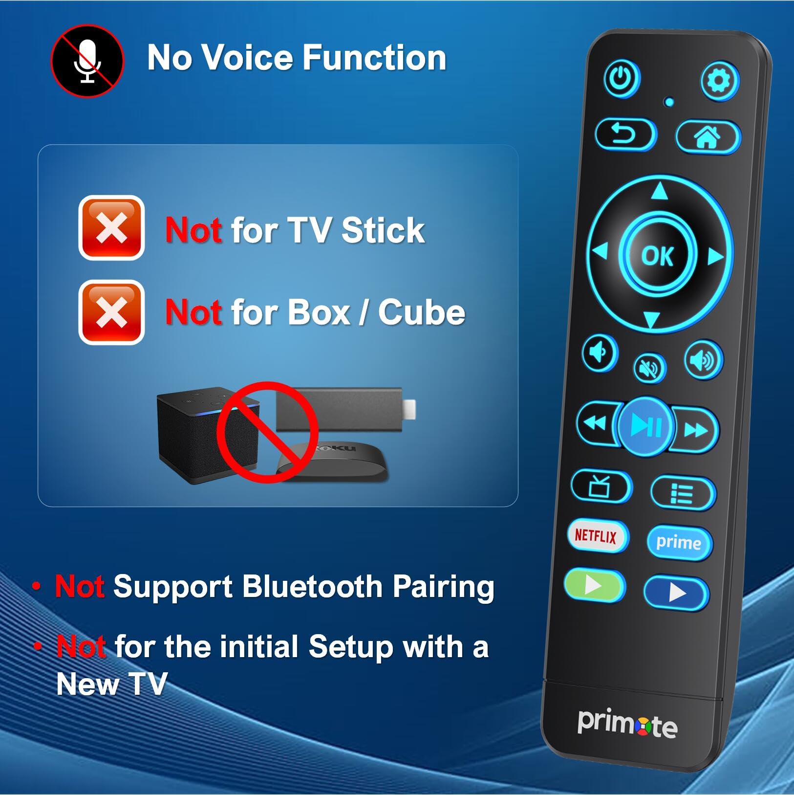 Mando a distancia universal de TV para todos los televisores inteligentes 4K/HD integrados FlRE y ROKU, con retroiluminación y aprendizaje por infrarrojos