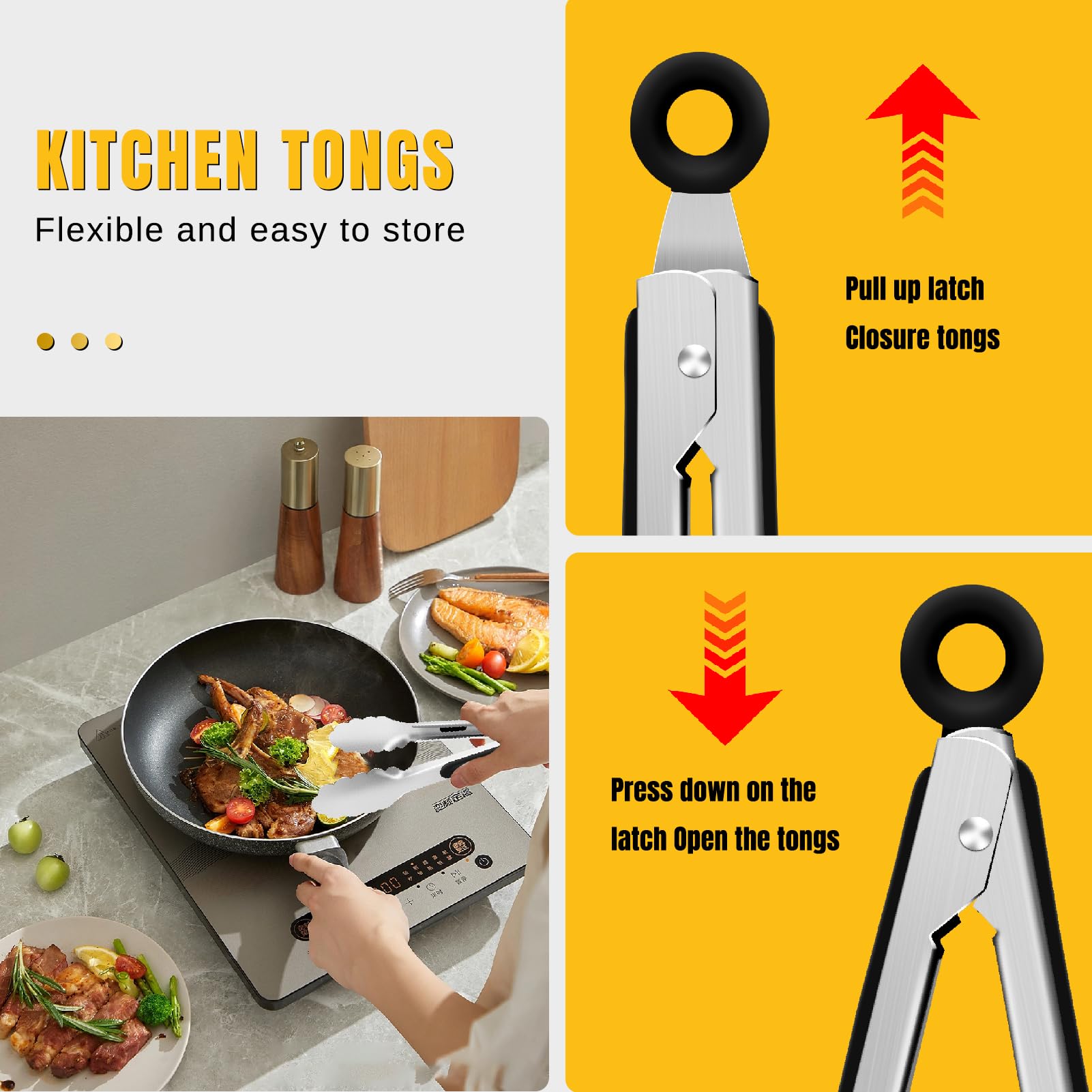 Pinzas de cocina, pinzas de acero inoxidable, pinzas de mango antideslizantes, pinzas de cocina, utensilios aptos para lavavajillas, perfectas para alimentos, ensalada y barbacoa, juego de 2 4