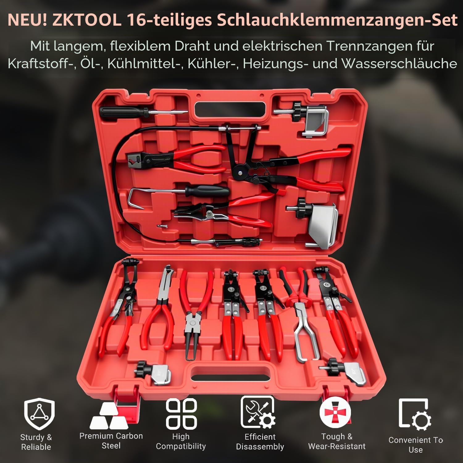 ZKTOOL 16-Teiliges Flexibles Schlauchklemmenzangen Werkzeug Set | Klemmenverbinder Trenner Kit, Ideal zum Austausch von Kraftstoff-, Öl- und Wasserleitungen bei der Autowartung