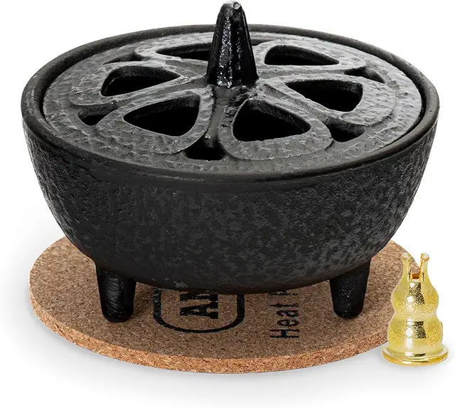Anbar Cast Iron Lotus Flower Incense Burner - Brass Holder for Sticks, Cones & Wax Melts