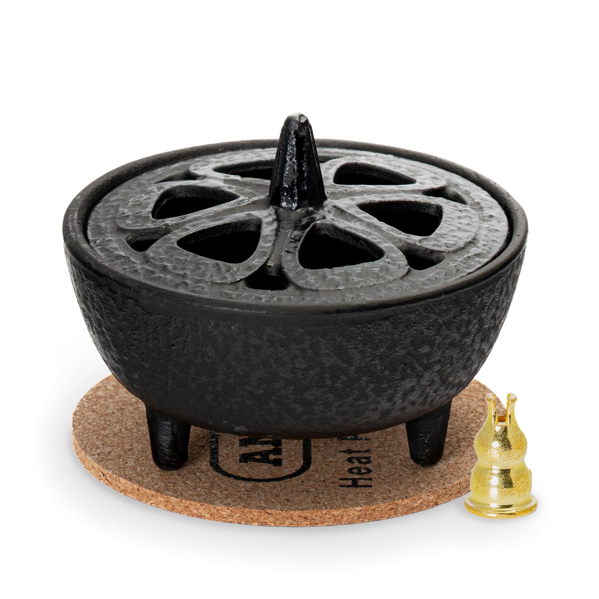 Anbar Lotus Flower Incense Burner, Cast Iron Bowl and Lid for Sticks, Cones, Wax Melts, Charcoal and Resin, Traditional Oriental Zen Home Decor, Supports Aromatherapy and Mindfulness