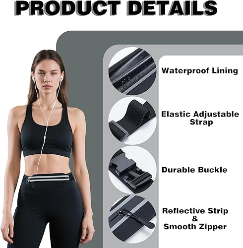 Miniatura 3 de Riñoneras delgadas para correr para mujeres y hombres, bolsa ajustable impermeable para correr, soporte para teléfono para corredor, Negro