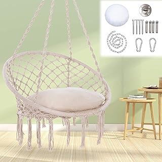 DD DDPA Hammock Chair Macrame Swing with Cushion and Hanging Kits Bohemian Handmade Hanging Hammock Chair for Indoor