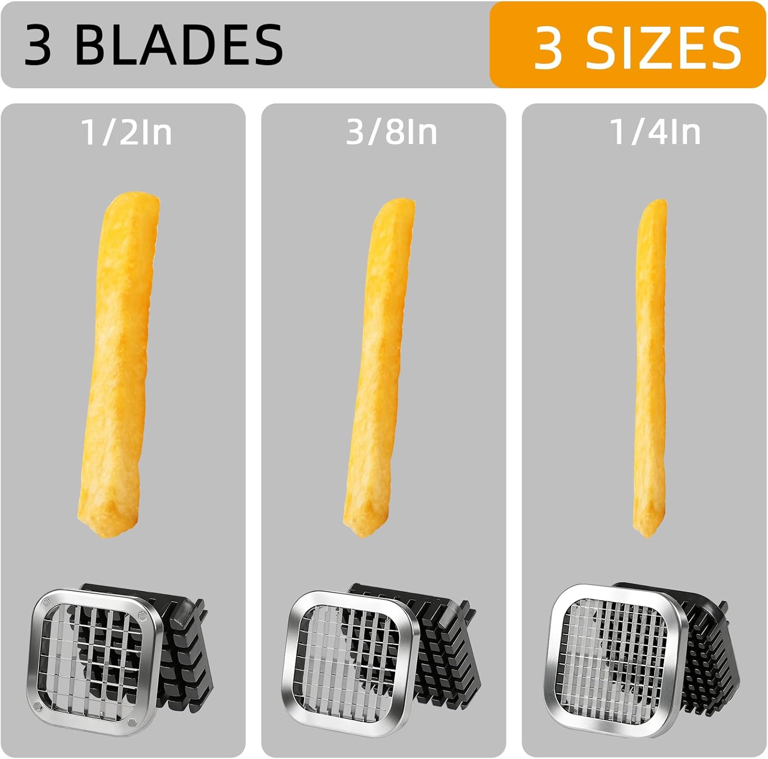 3Pcs French Fry Cutter, ZSCOOKLY Heavy Duty Potato Cutter Stainless Steel with 1/2-Inch and 1/4-Inch and 3/8-Inch Blade Great for Potatoes Carrots Cucumbers.