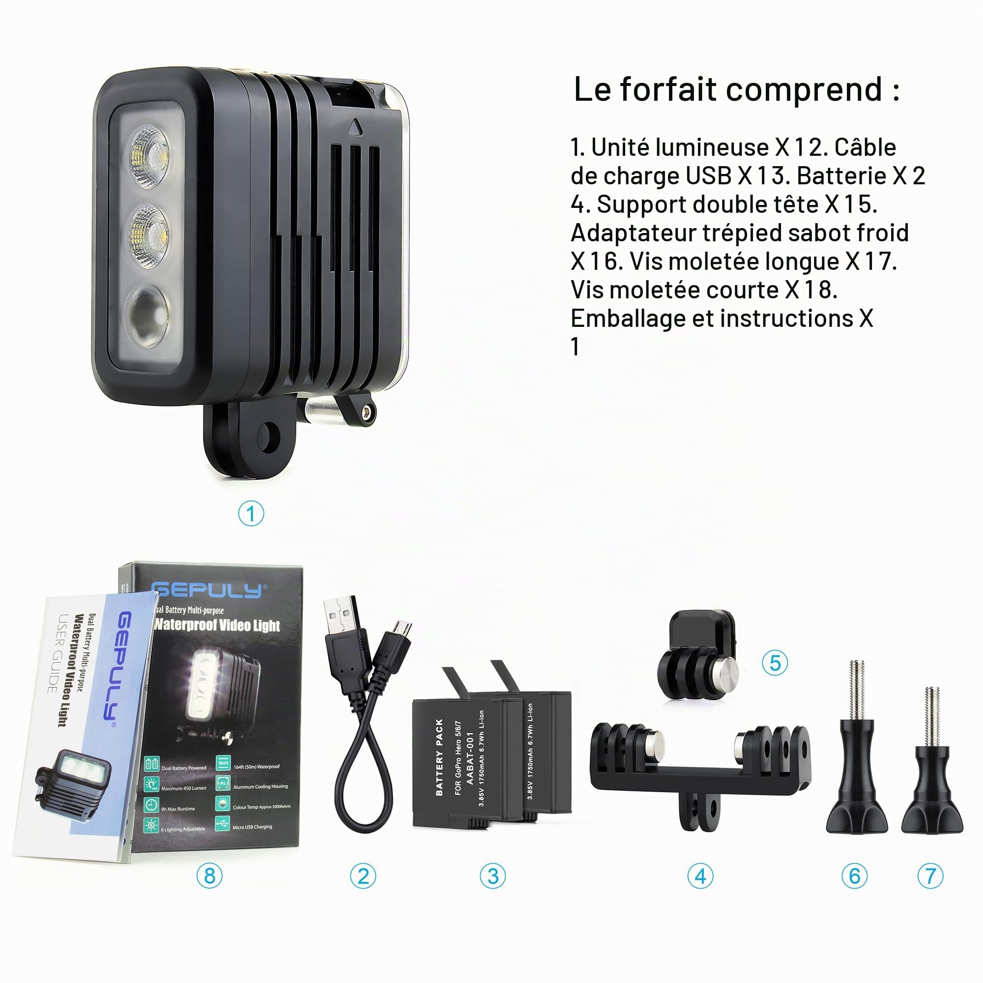GEPULY Lampe sous-marine de plongée – 450 lm haute puissance 3 modes à intensité variable 50 m étanche LED pour GoPro Hero 13 12 11 10 9 8 7 6 5 4 3+ 3 DJI Osmo Action 3 4 5 Pro 6 AKASO