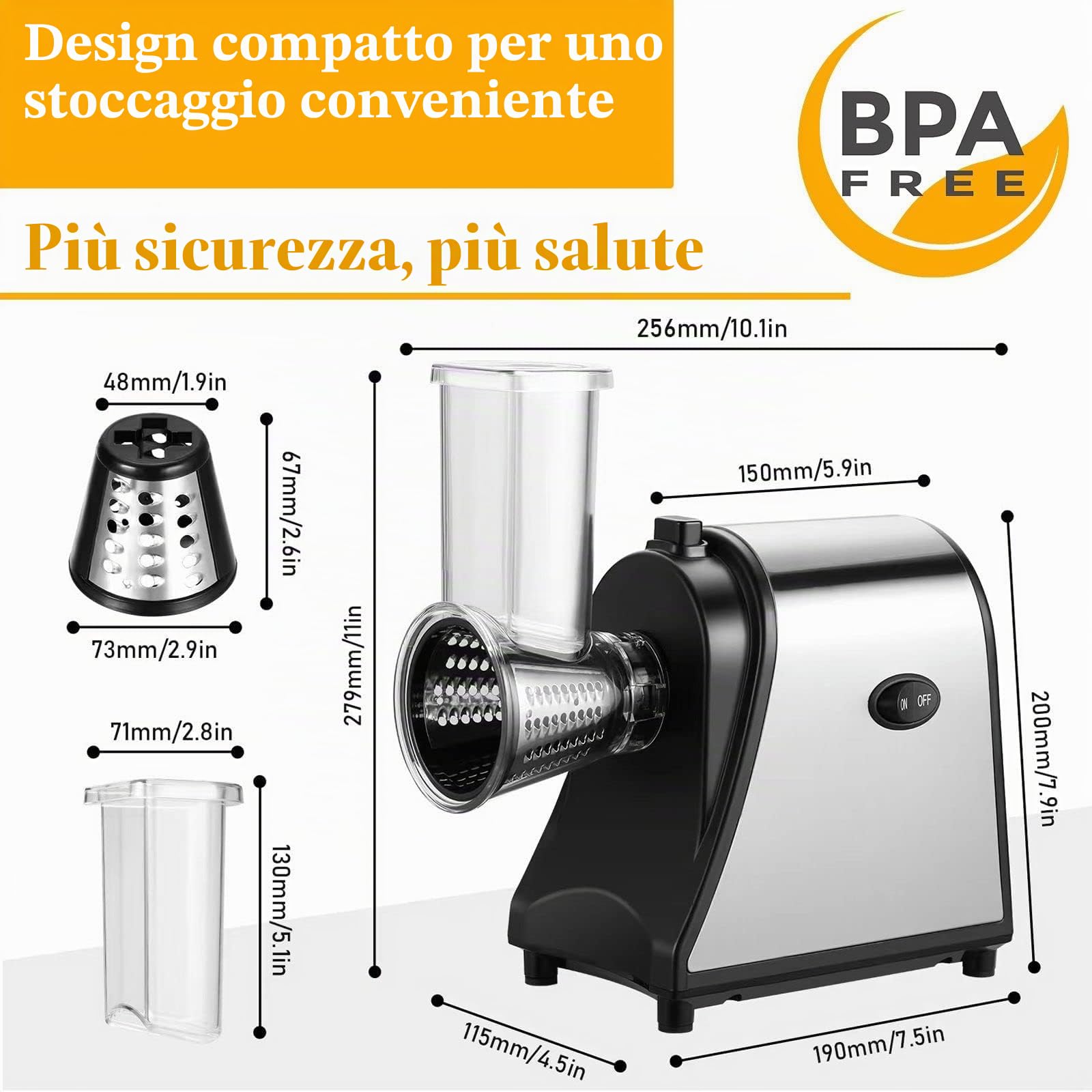 Taglia Verdure Elettrico 250W, 5-in-1 Professionale Grattugia Tritatutto Affettaverdure Multifunzione con 5 Lame in Acciaio Inox per Verdure/Parmigiano/Frutta