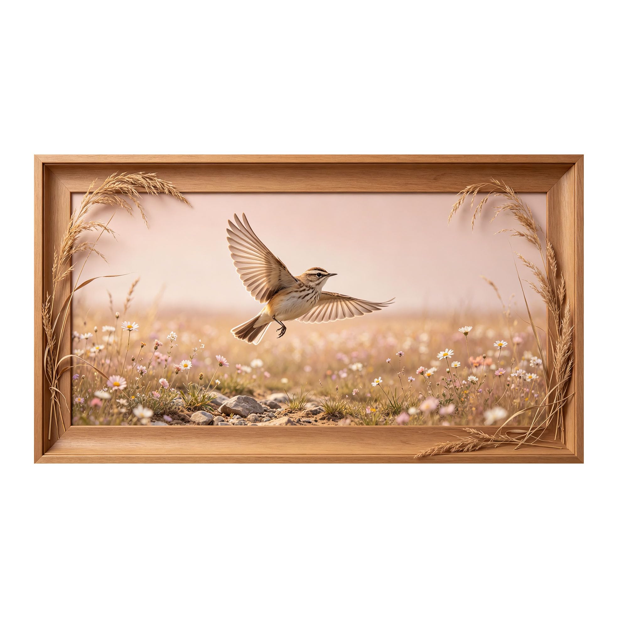 Murasolite 3D 3D Framed Wall Art 50cm×90cm Flying Bird Pastoral Meadow Landscape Oil Painting SelfAdhesive Fabric Mural Wall Decor, Peel and Stick No Damage to Wall for Bedroom Living Room
