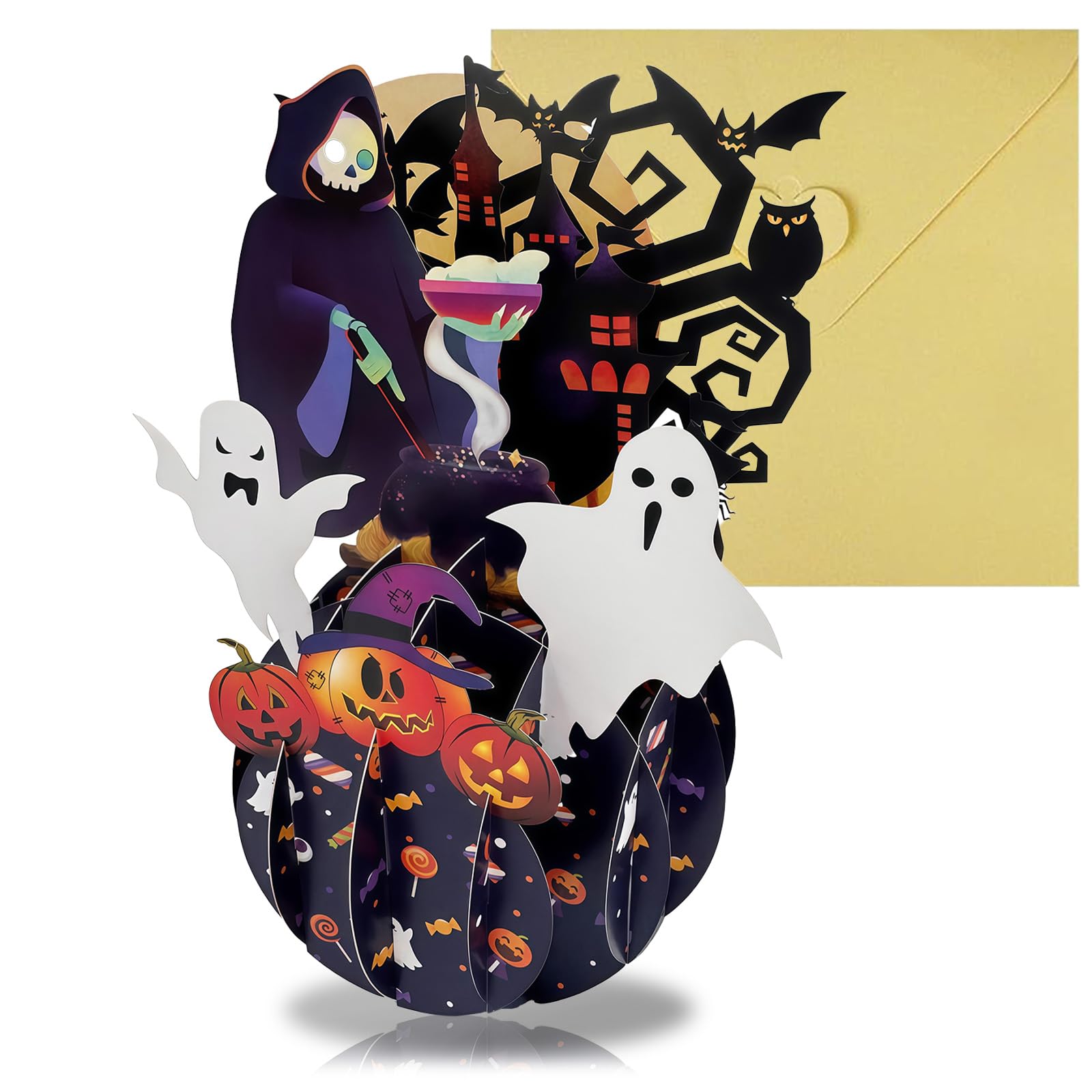 3D Pop Up Halloween Card, Halloween Cemetery Greeting Card with Haunted House, Ghosts, Pumpkins, Witches includ Envelope and Note Tag for Kids, Girls, Boys, Friend, Family
