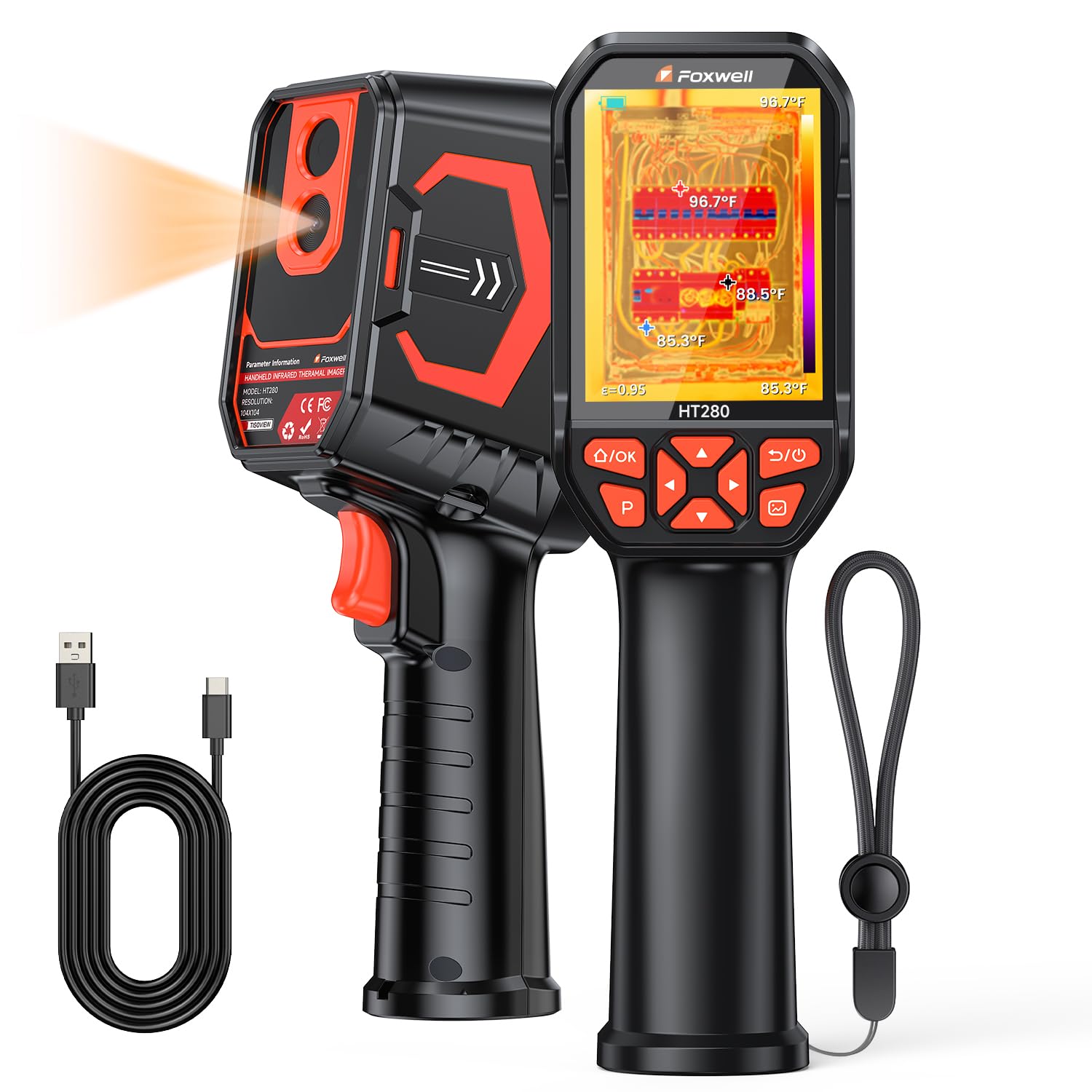 FOXWELL HT280 Wärmebildkamera, 320 × 240 2.8-Zoll-LCD-Bildschirm, 260 × 260 TISR-Auflösung, 25 Hz, tragbare Infrarotkamera mit Temperaturalarm für Inspektionen im privaten Bereich, in der Klimatechnik